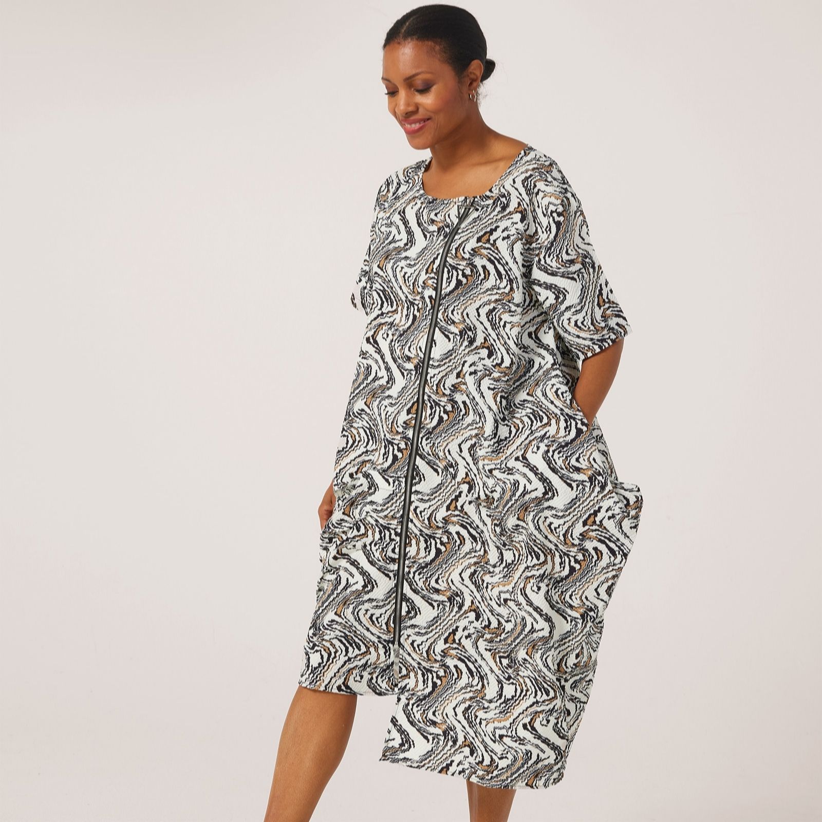 Malissa J Printed Waffle Handfeel Dress With Zip Detail