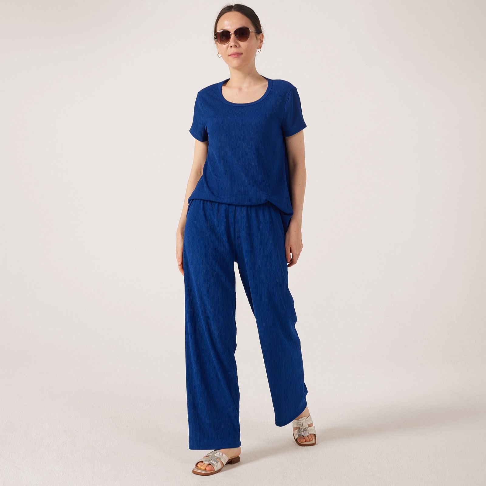 Kim & Co Stretch Crinkle Knit Straight Leg Petite Trousers