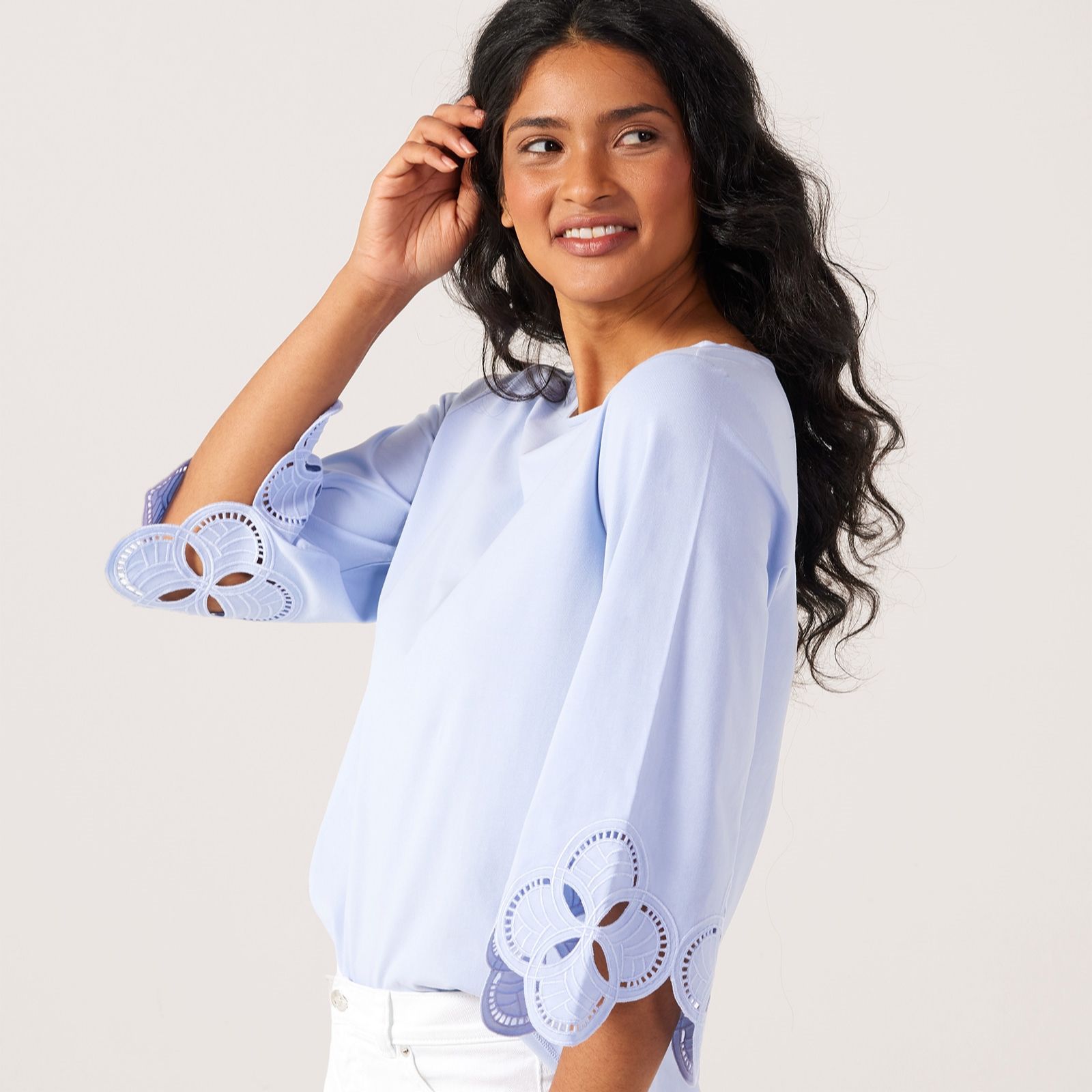 MarlaWynne Collection Cotton Eyelett Border Bell Sleeve Top