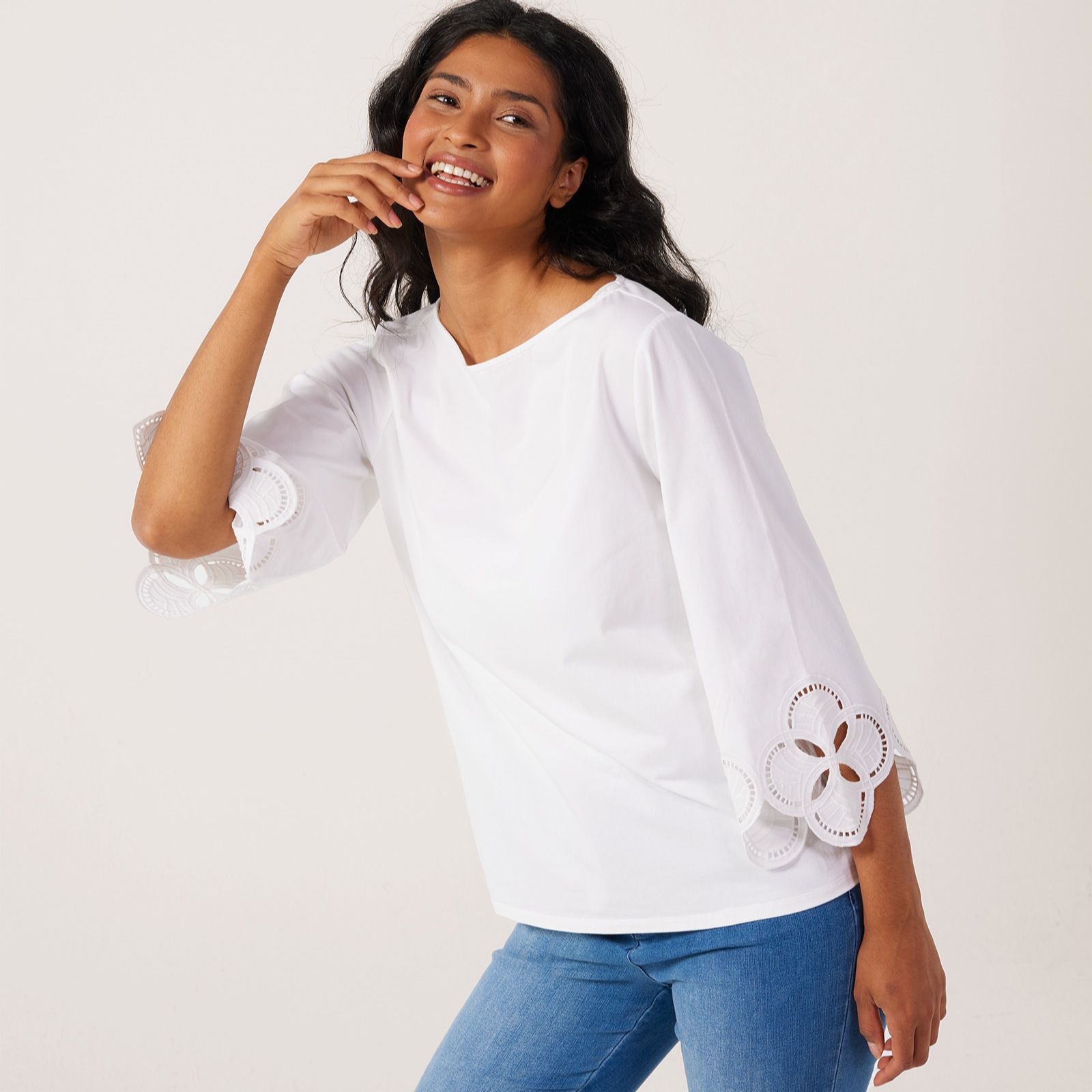 MarlaWynne Collection Cotton Eyelett Border Bell Sleeve Top