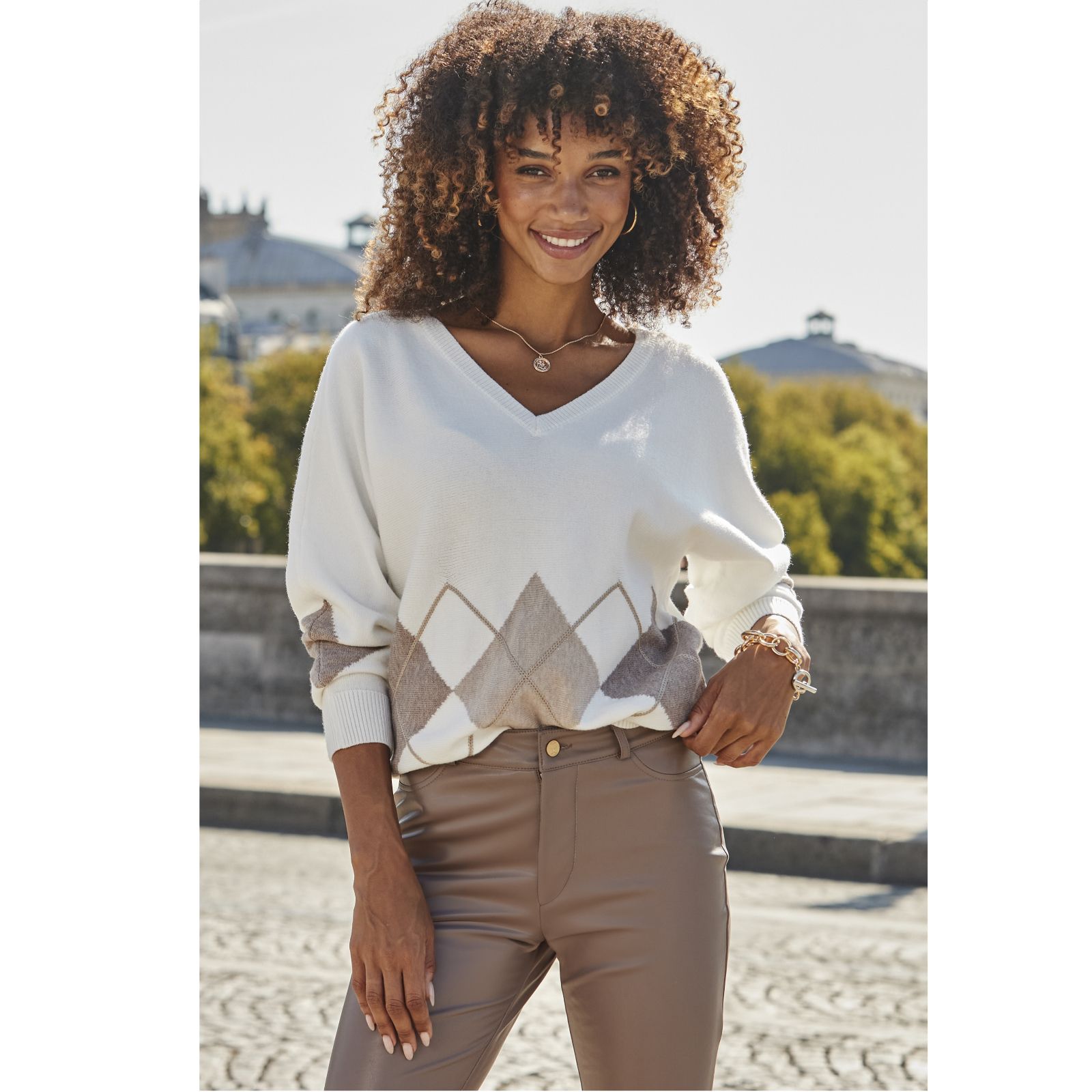 Sosandar V Neck Argyle Jumper
