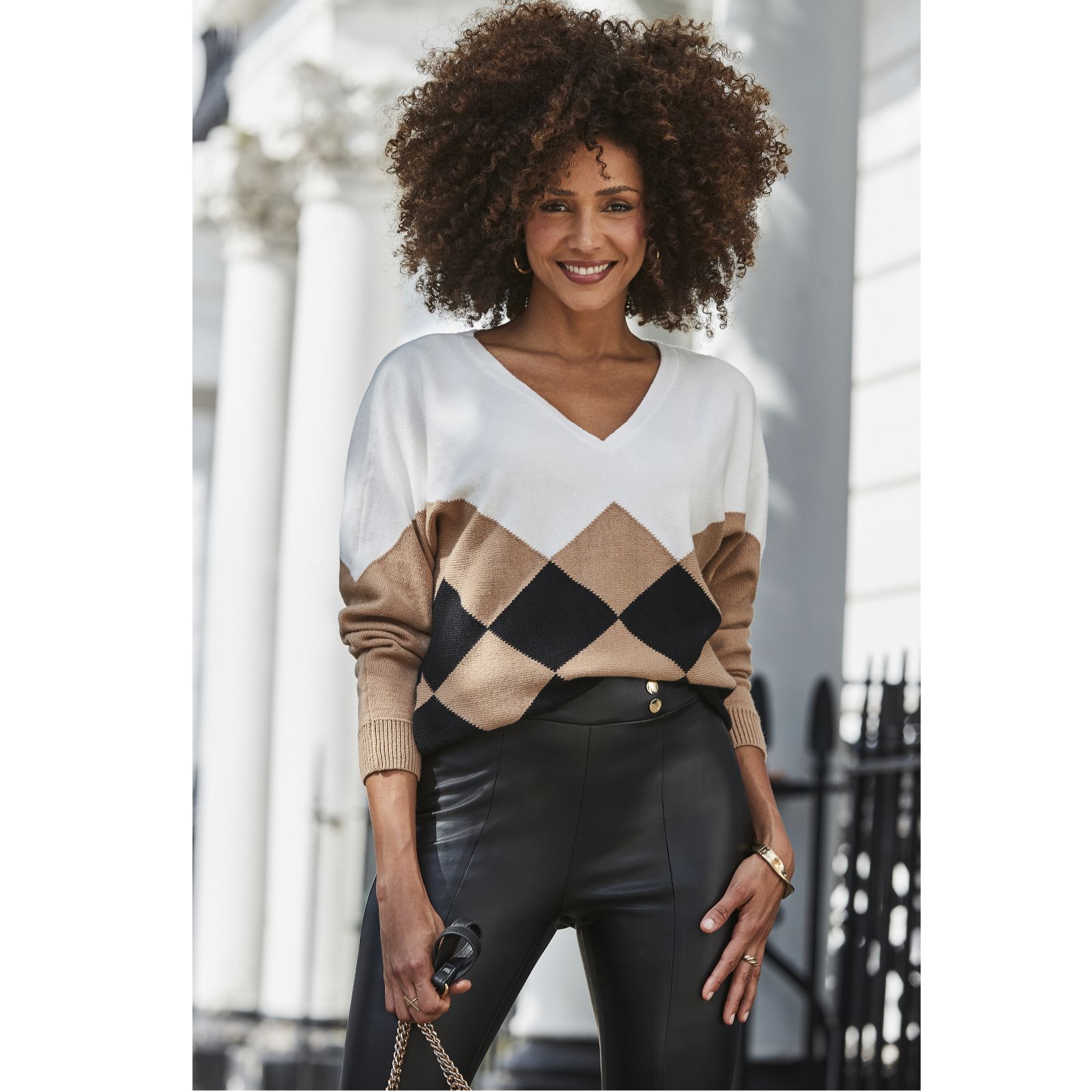 Sosandar V Neck Argyle Jumper