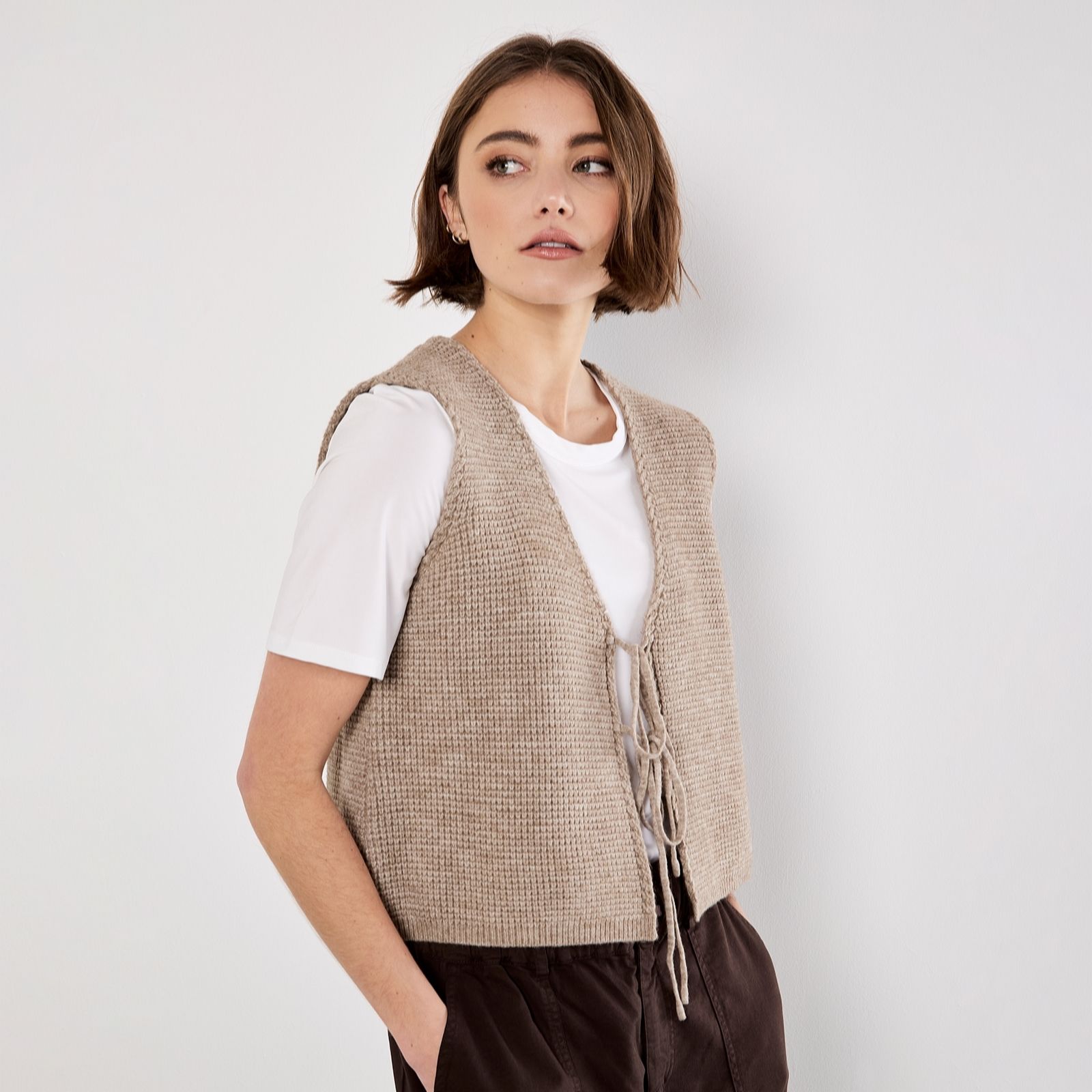 Apricot Scallop Edge Waffle Knitted Double Tie Top