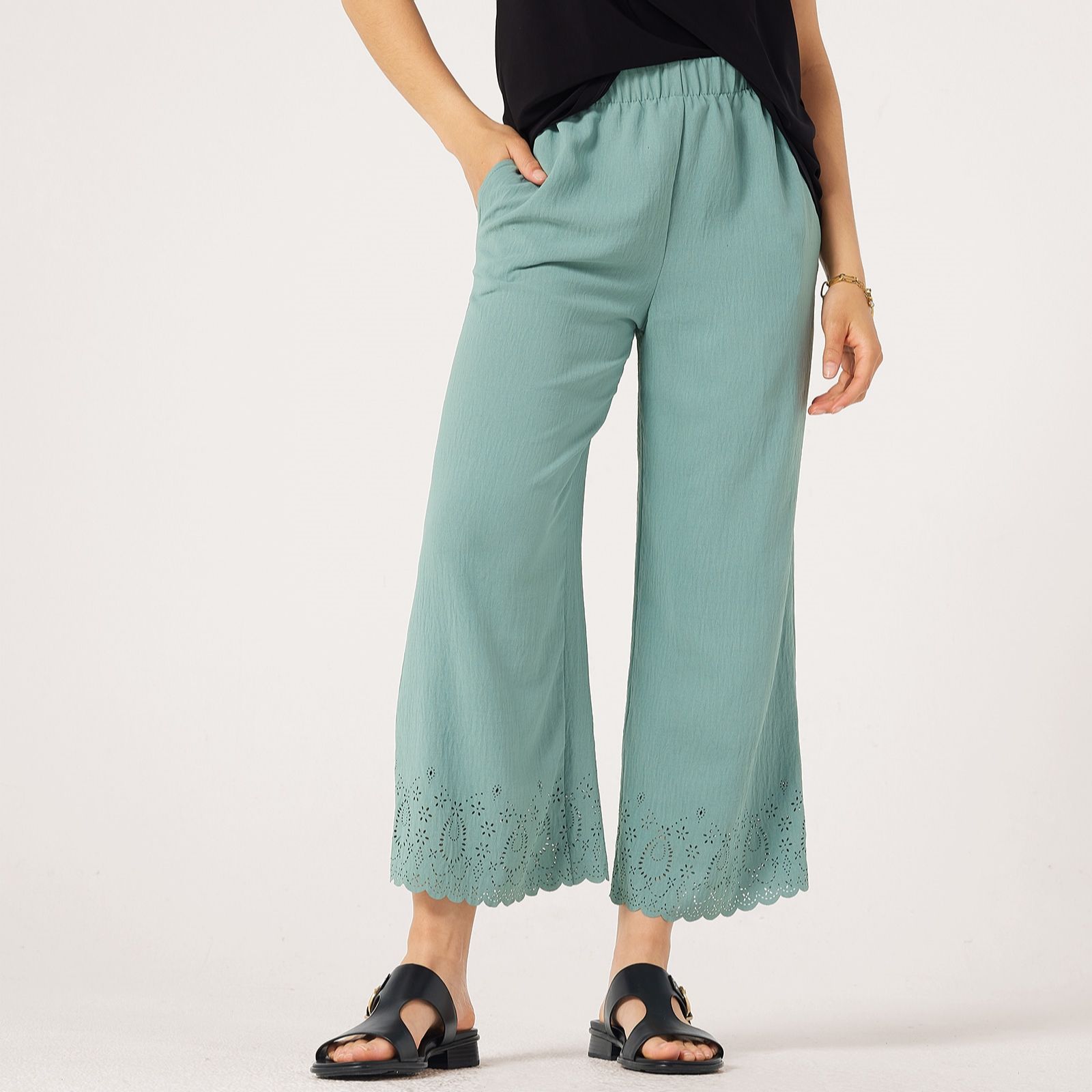 Kim & Co Crinkle Poplin Ankle Length Eyelet Hem Standard Trousers