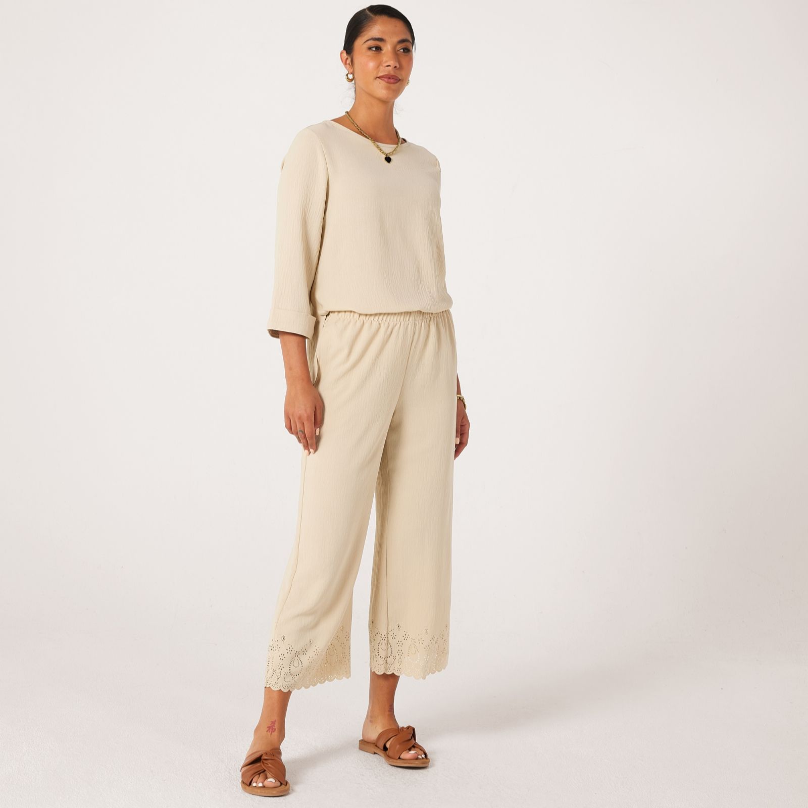 Kim & Co Crinkle Poplin Ankle Length Eyelet Hem Standard Trousers