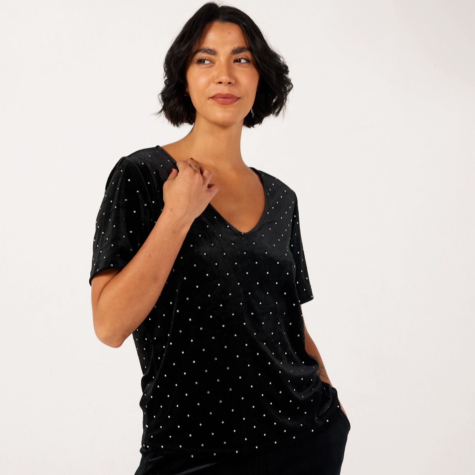 ICHI Darla Velvet Embelished Short Sleeve Top