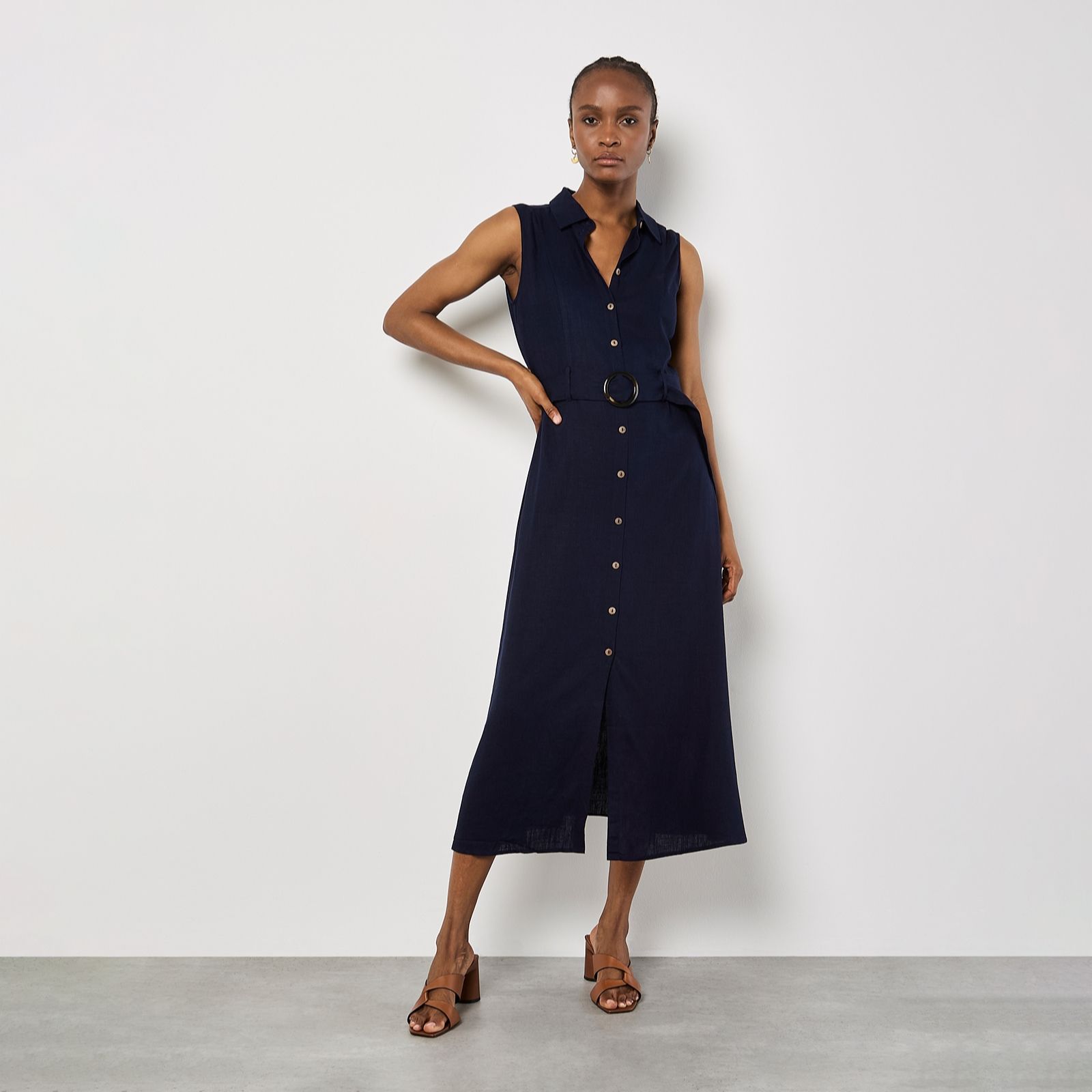 Apricot Sleeveless Belted Shirt Midi Dress