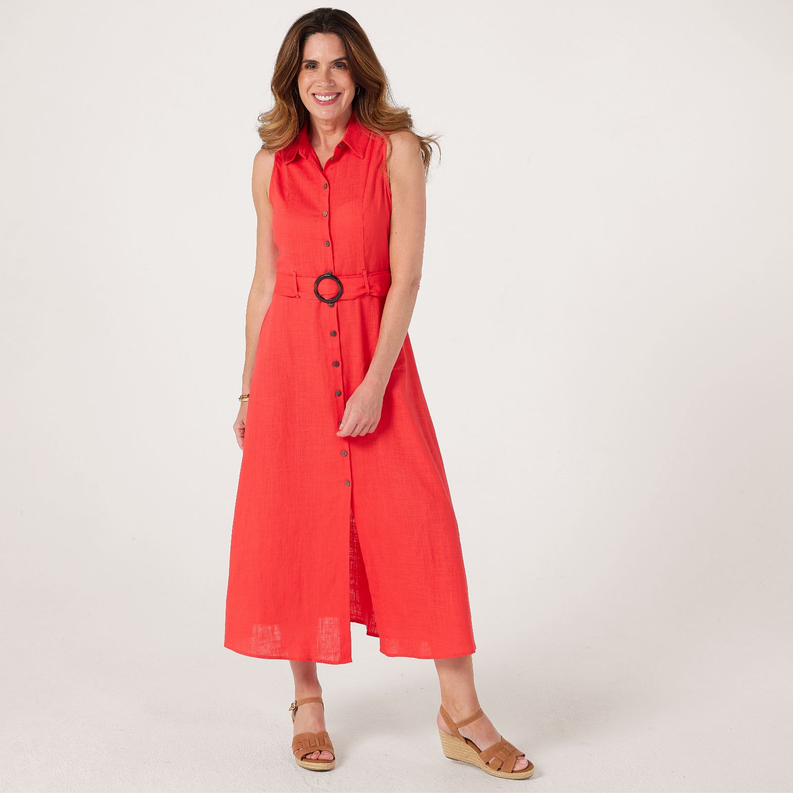 Apricot Sleeveless Belted Shirt Midi Dress