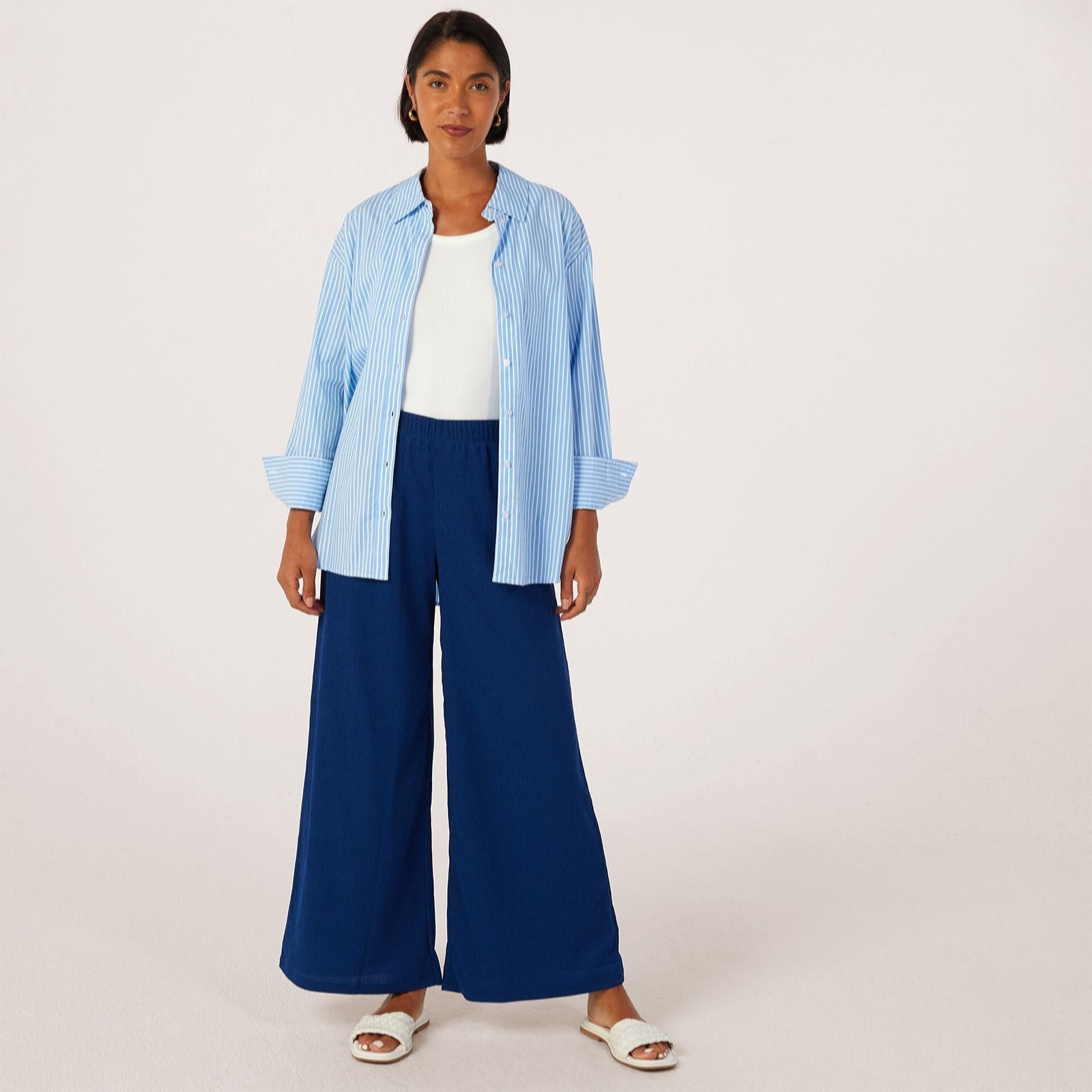 Kim & Co Stretch Crinkle Knit Palazzo Petite Trousers with Pocket