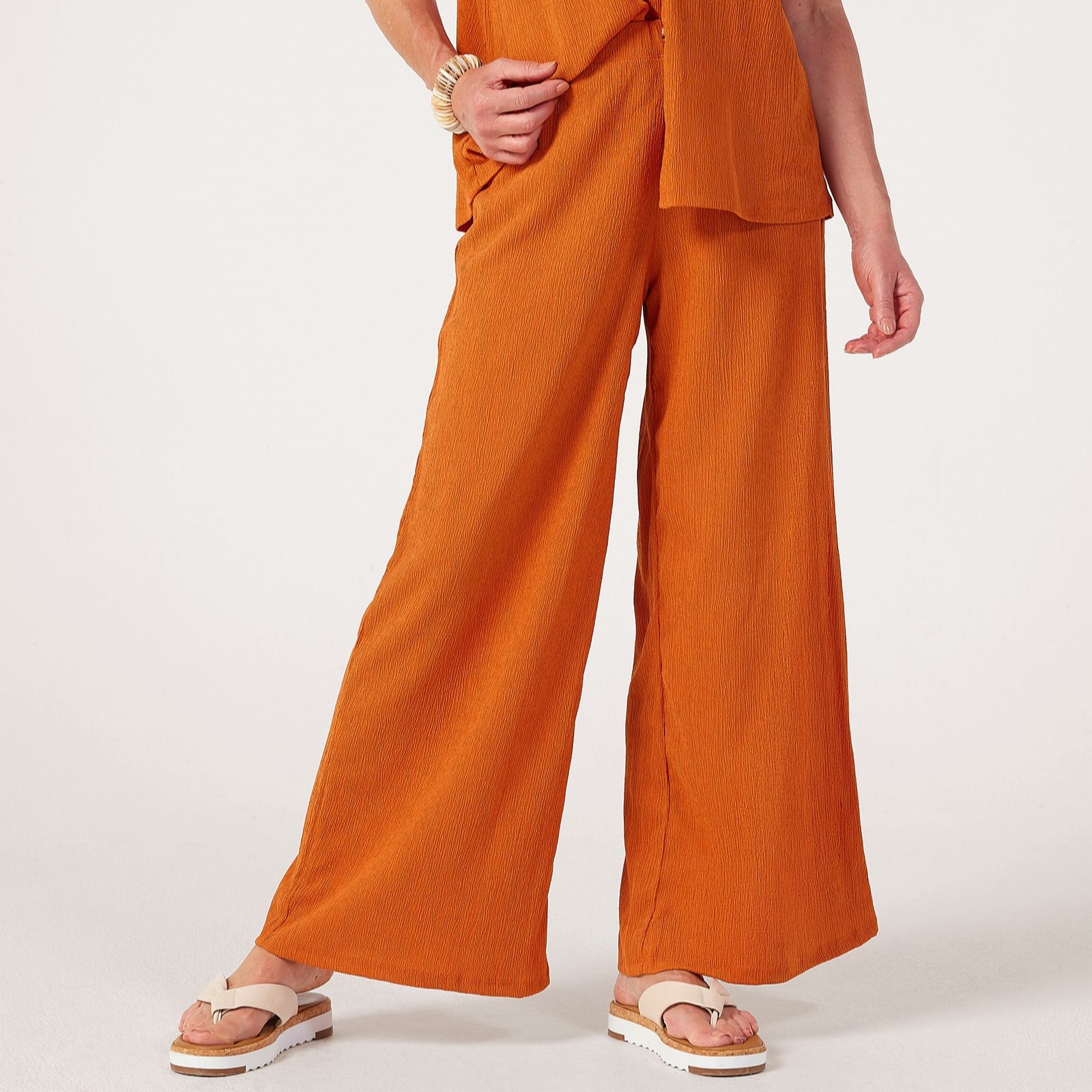 Kim & Co Stretch Crinkle Knit Palazzo Petite Trousers with Pocket