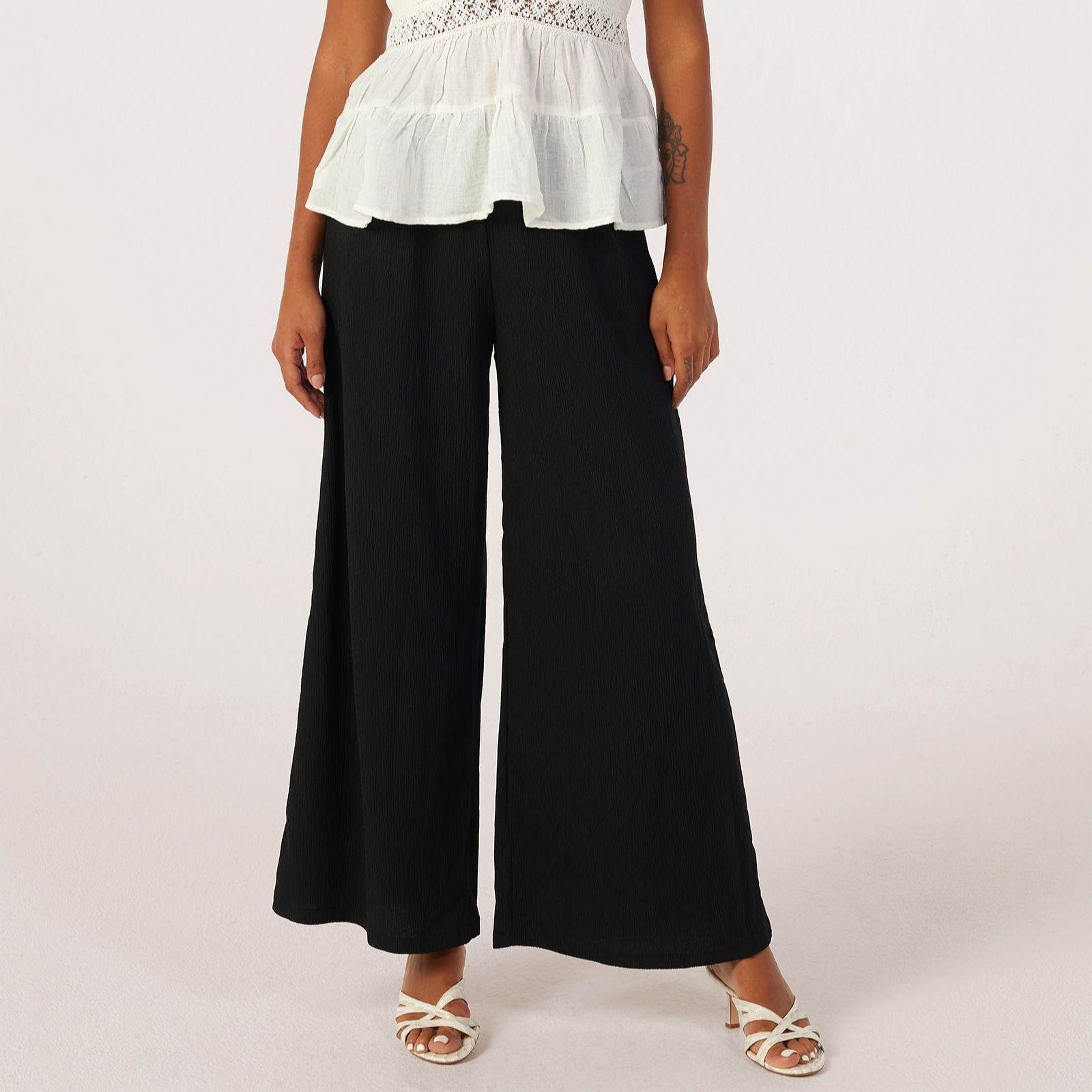 Kim & Co Stretch Crinkle Knit Palazzo Petite Trousers with Pocket