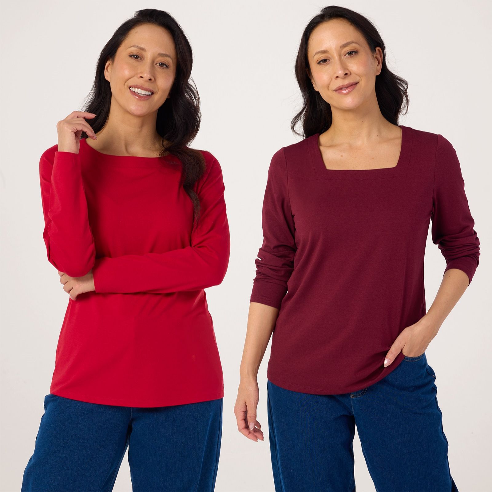 Denim & Co. Essentials Square and Boat Neck Top Variety 2 Pack