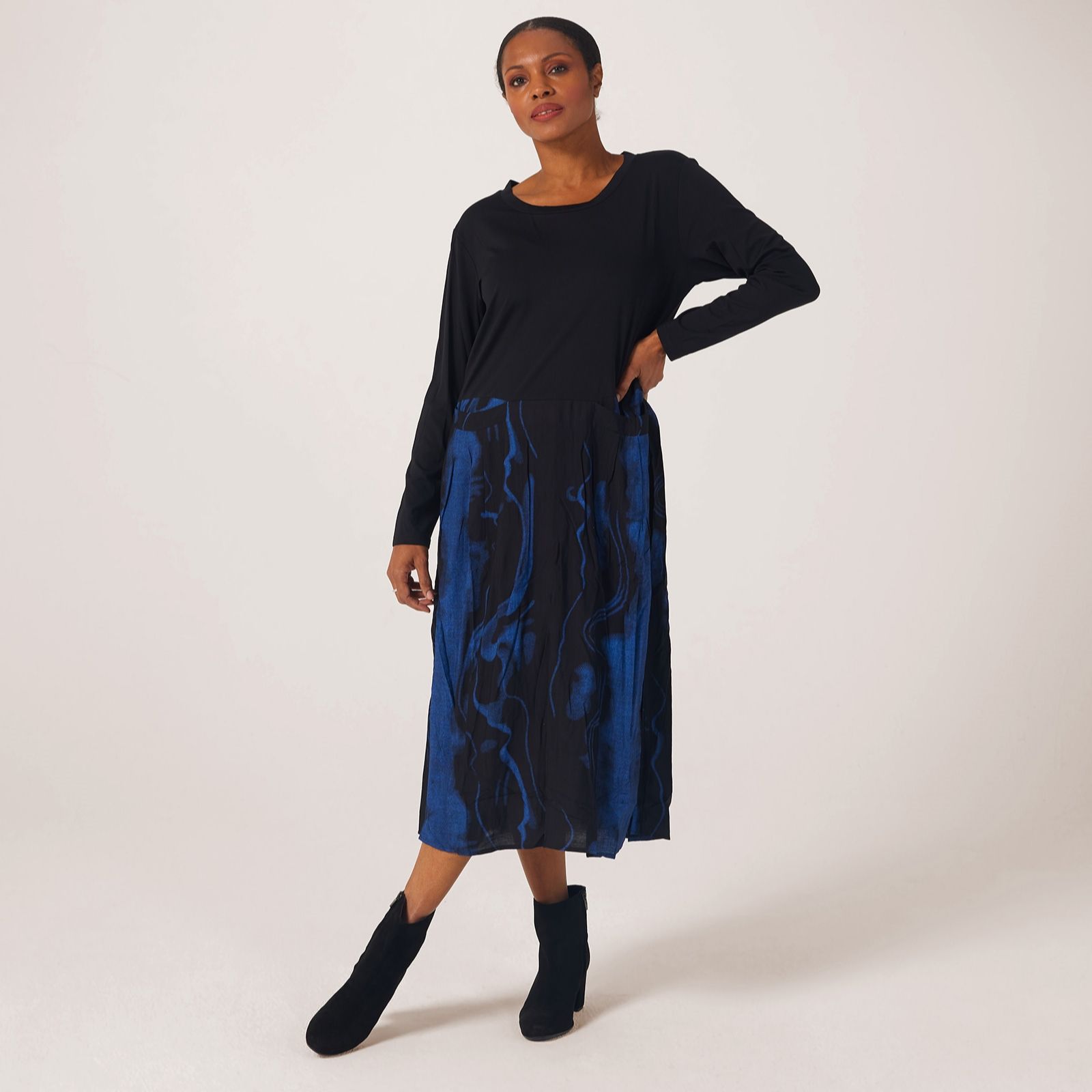 Frank Usher Long Sleeve Dress with Jersey Top & Printed Skirt QVC UK