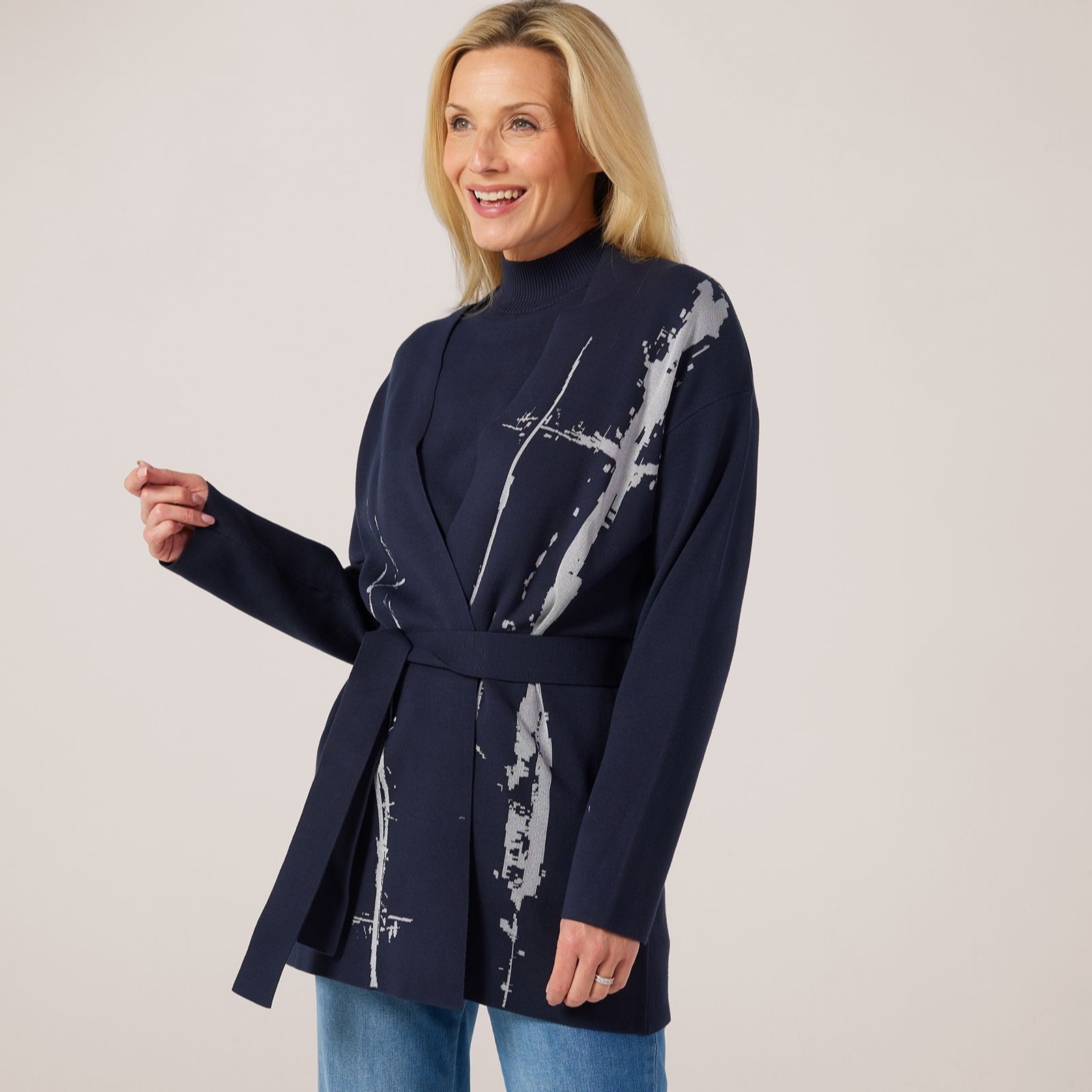 MarlaWynne Collection Matte Shine Jacquard Belted Cardigan