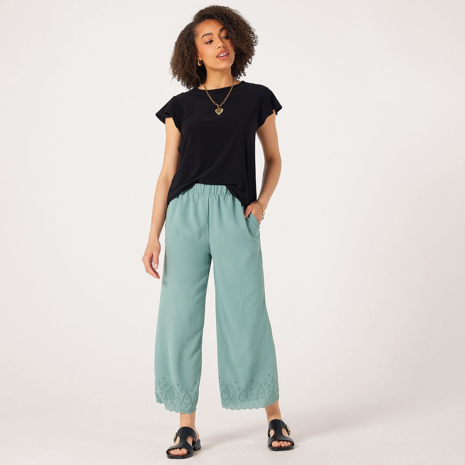 Kim & Co Crinkle Poplin Ankle Length Eyelet Hem Petite Trousers
