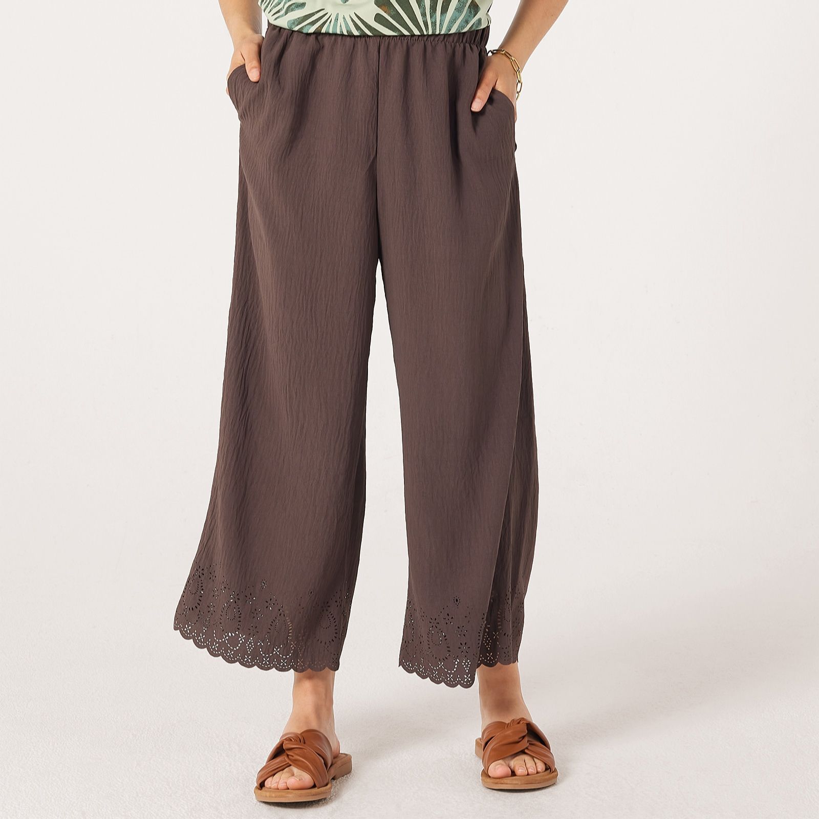 Kim & Co Crinkle Poplin Ankle Length Eyelet Hem Petite Trousers