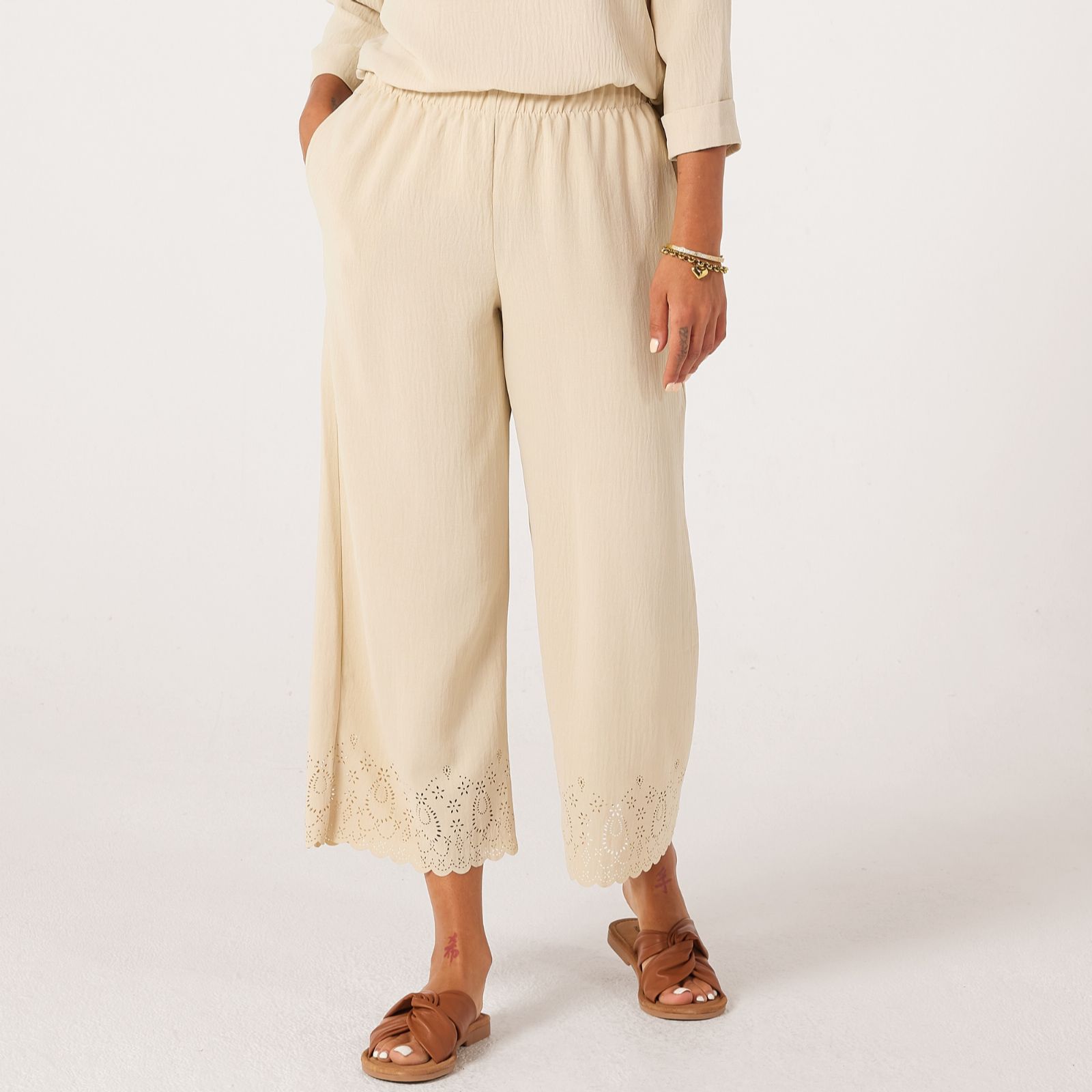 Kim & Co Crinkle Poplin Ankle Length Eyelet Hem Petite Trousers