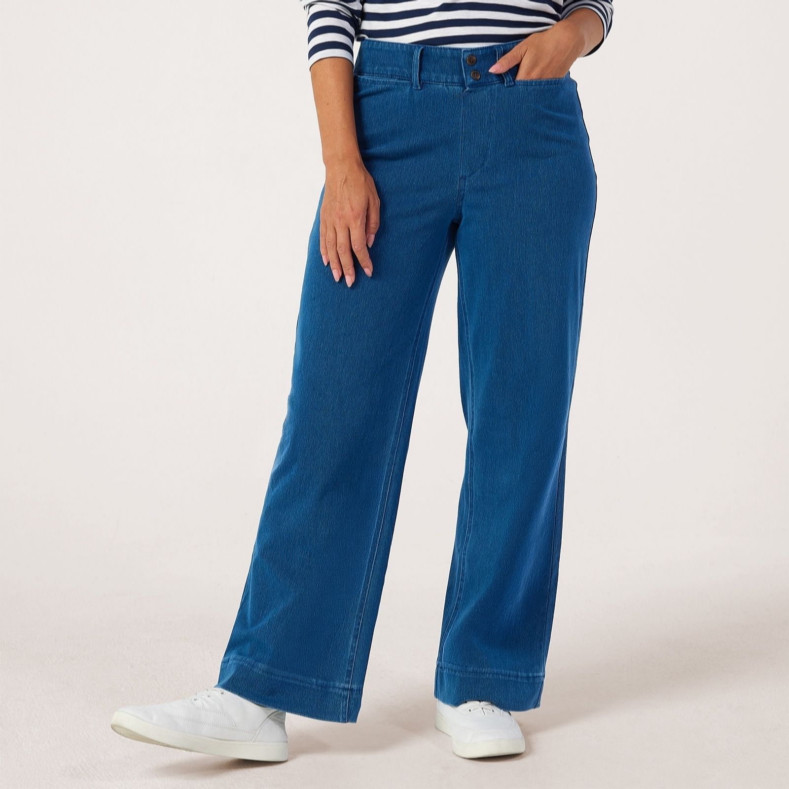 Denim & Co. Comfy Knit Denim Pull On Wide Leg Jean Style Petite