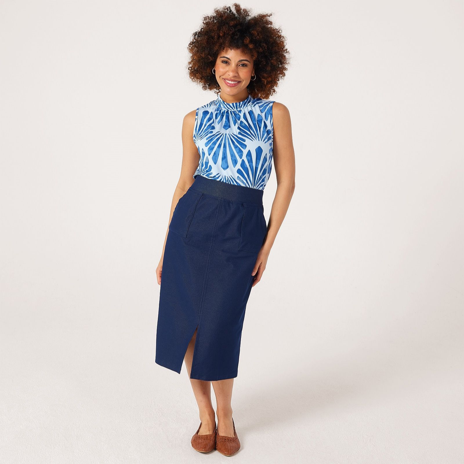 Kim & Co Deluxe Denim Knit Midi Skirt with Slit