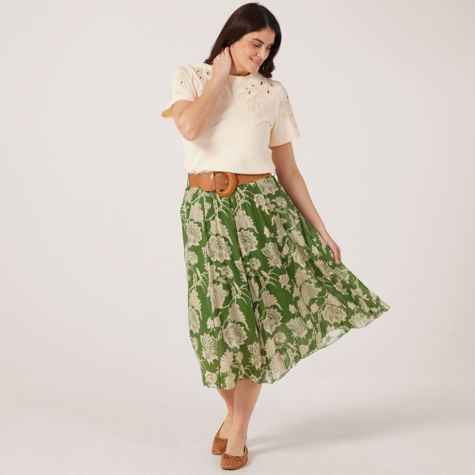 Izabel London Floral Midi Skirt with Belt