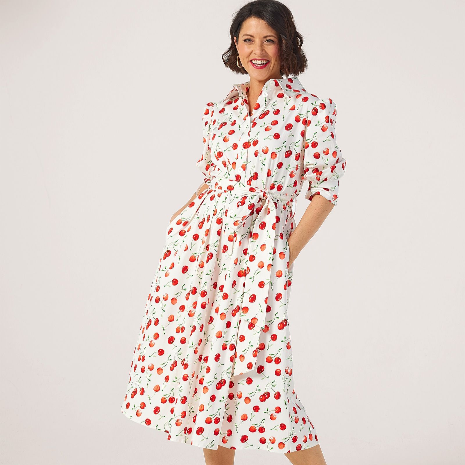 Helene Berman X Katy Cotton Stretch Cherry Shirt Dress