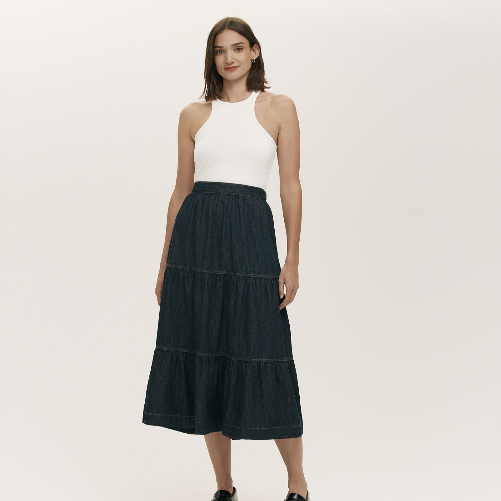 Finery London Lulu Denim Tiered Stretch Waist Midi Skirt