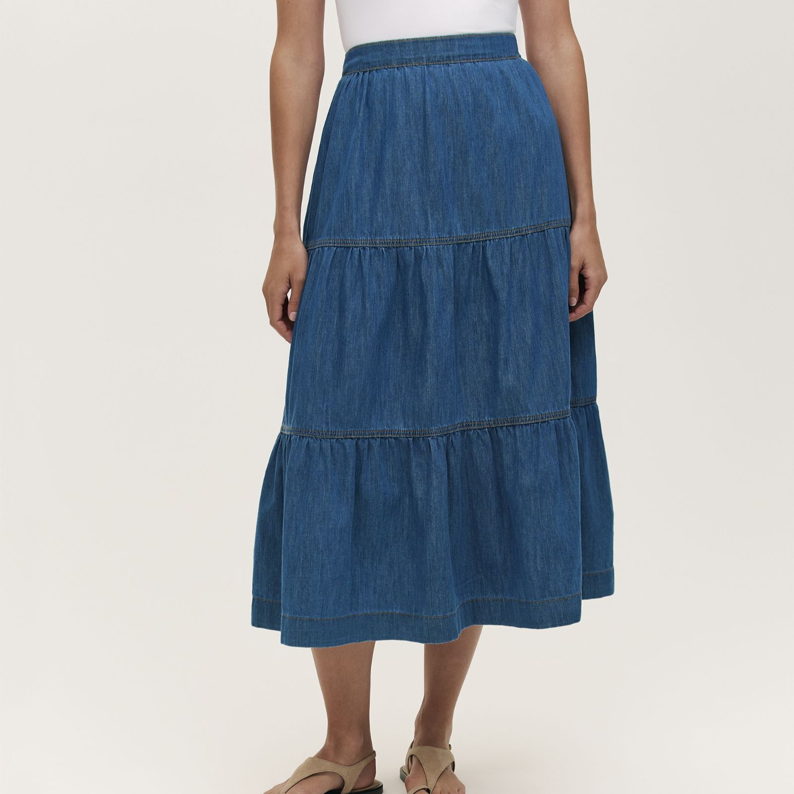 Finery London Lulu Denim Tiered Stretch Waist Midi Skirt