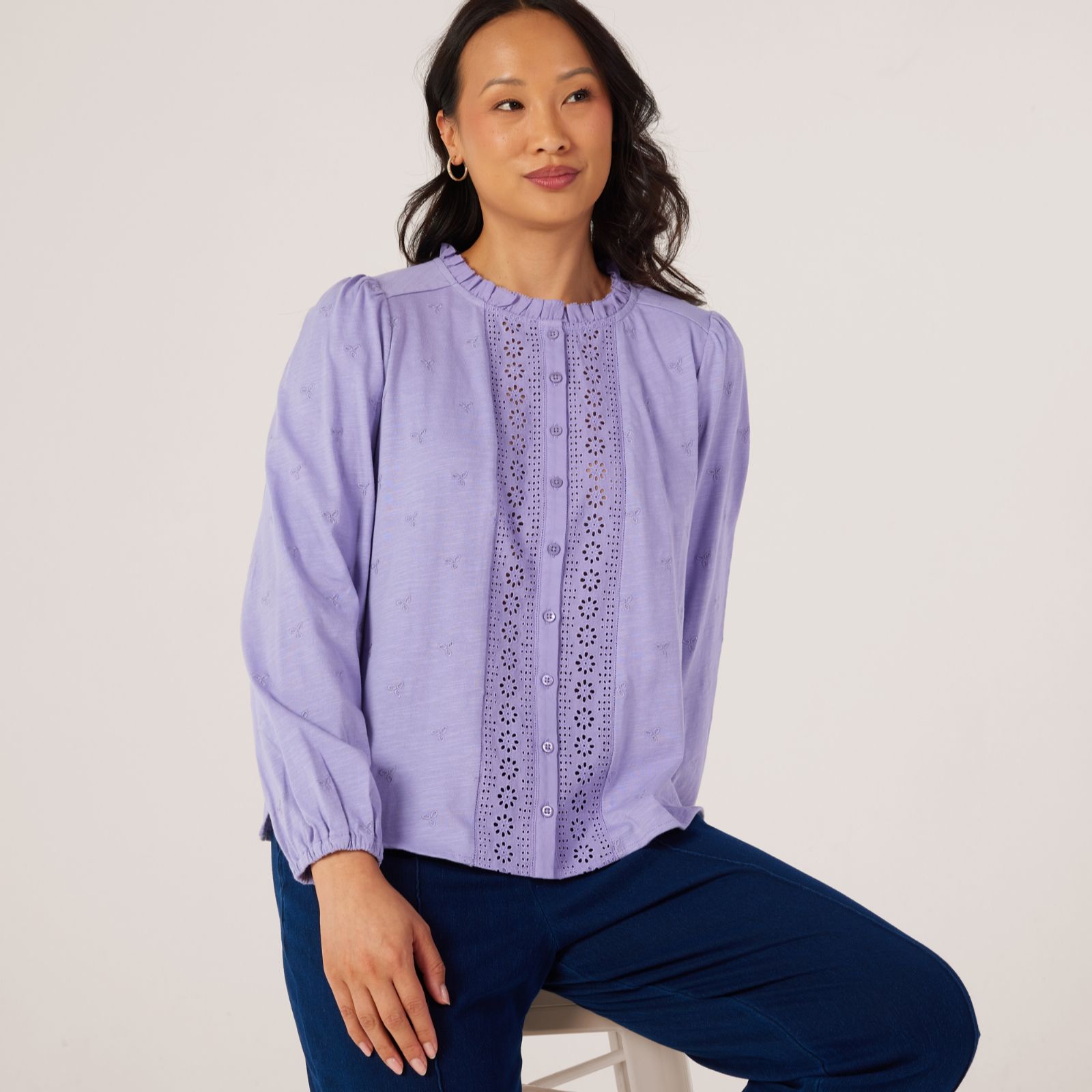 Denim & Co. Embroidered Jersey Pintuck Blouse