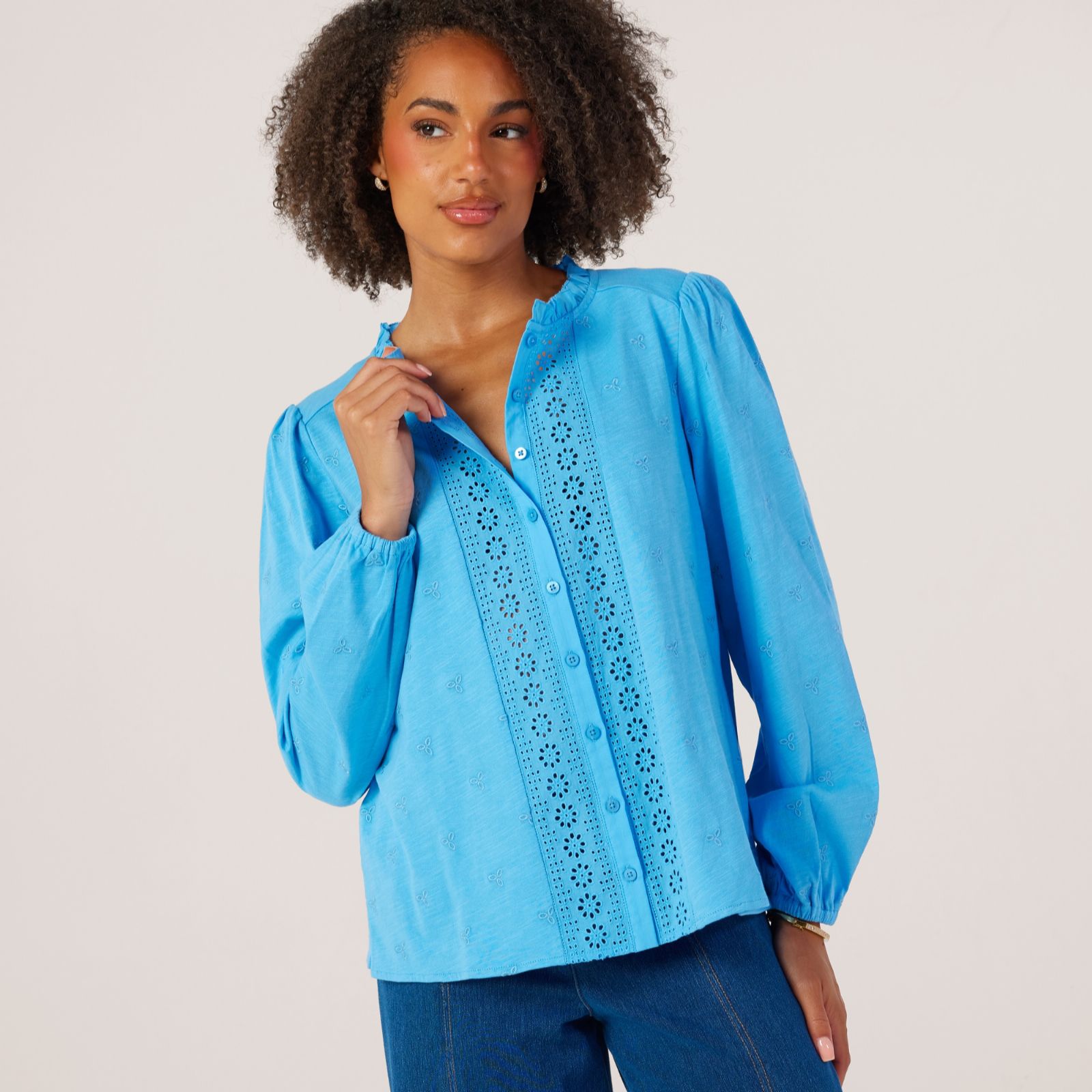 Denim & Co. Embroidered Jersey Pintuck Blouse