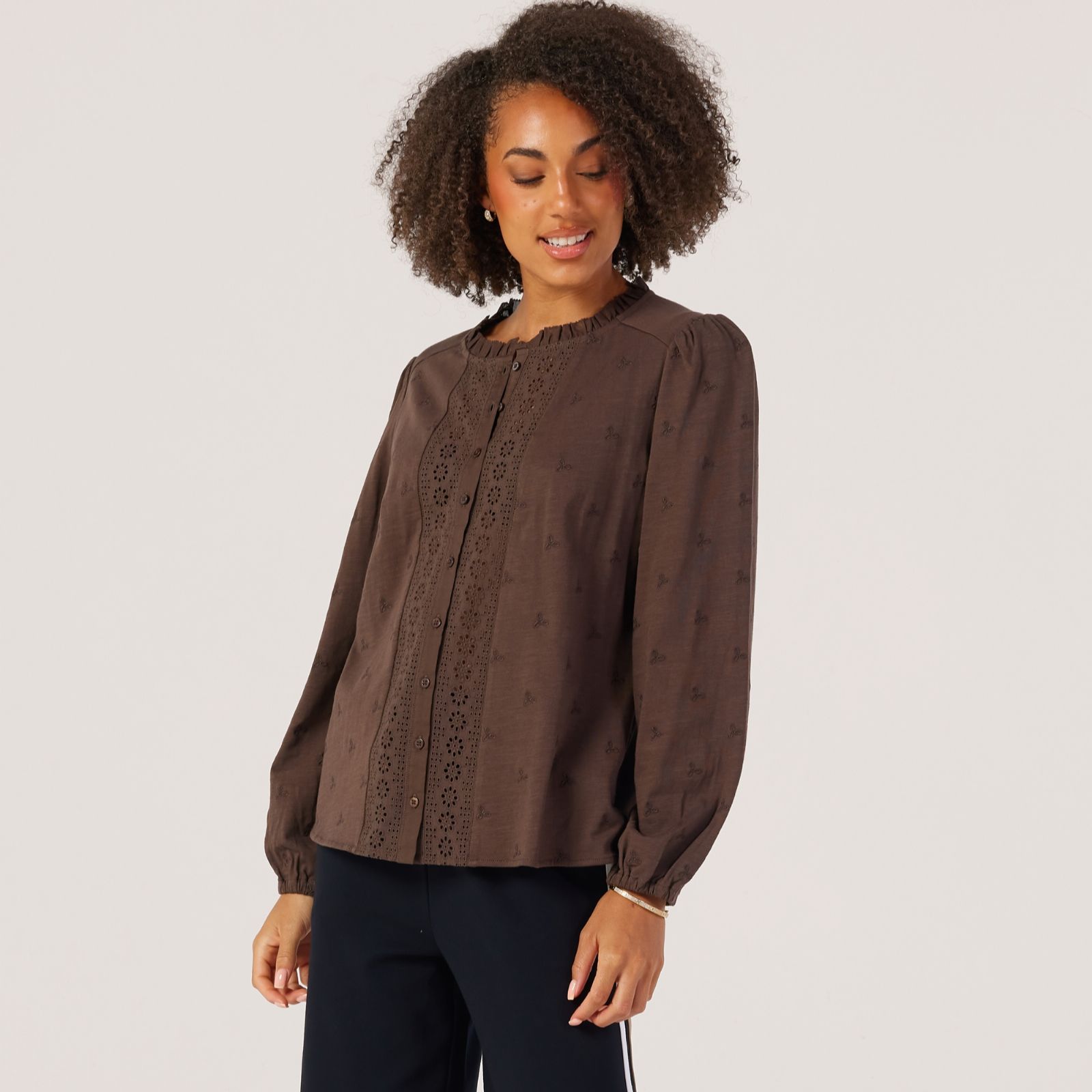 Denim & Co. Embroidered Jersey Pintuck Blouse