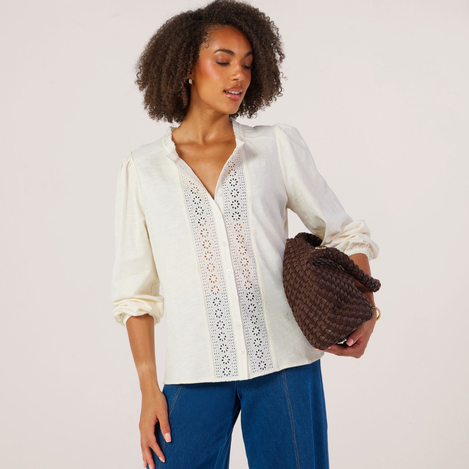 Denim & Co. Embroidered Jersey Pintuck Blouse
