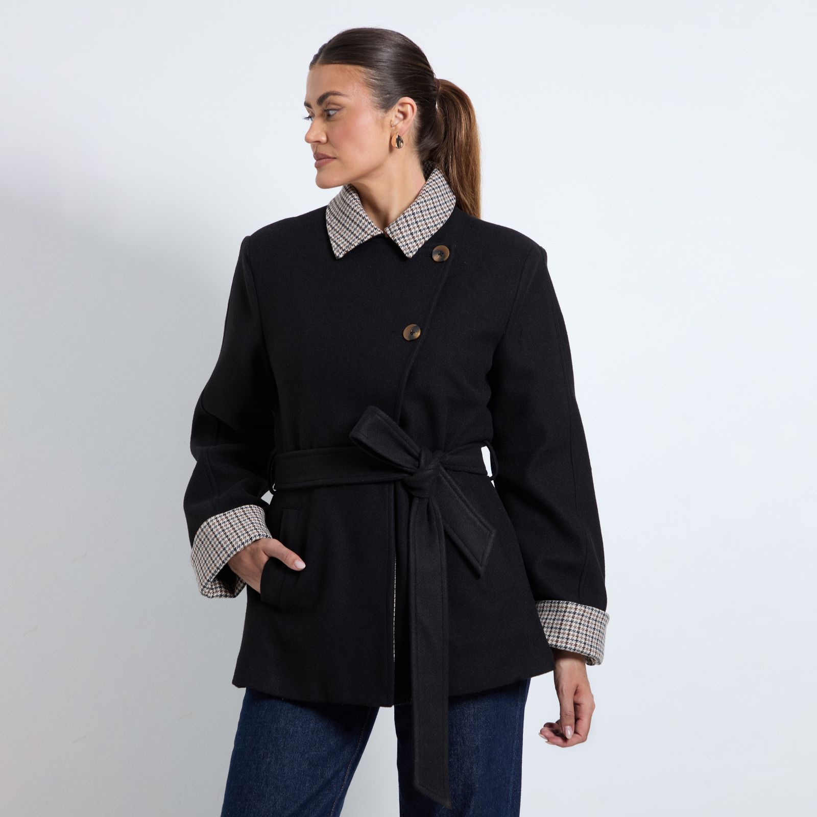Wallis Heritage Check Contrast Collar Belted Jacket