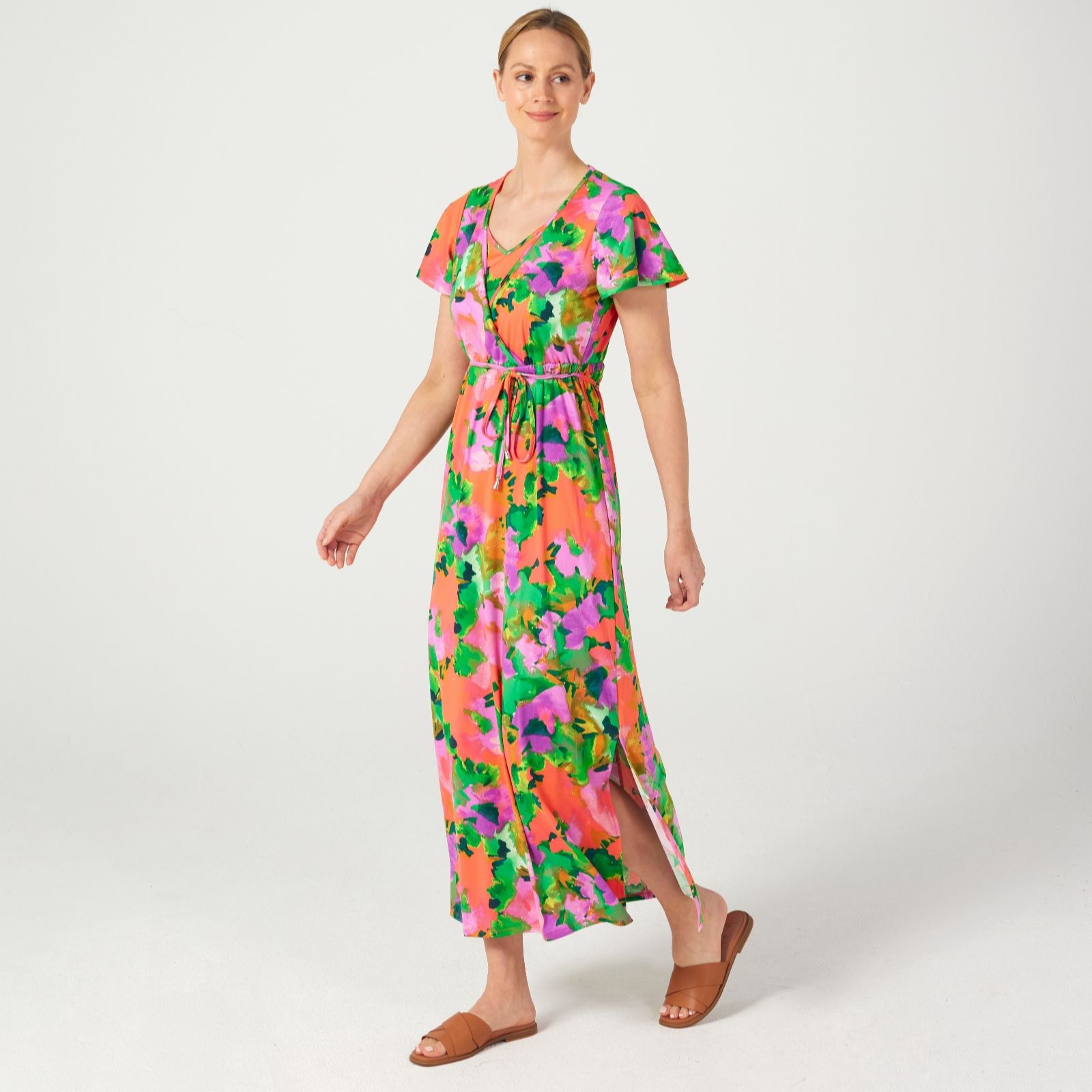 Nina Leonard Printed Flutter Sleeve Maxi Dress