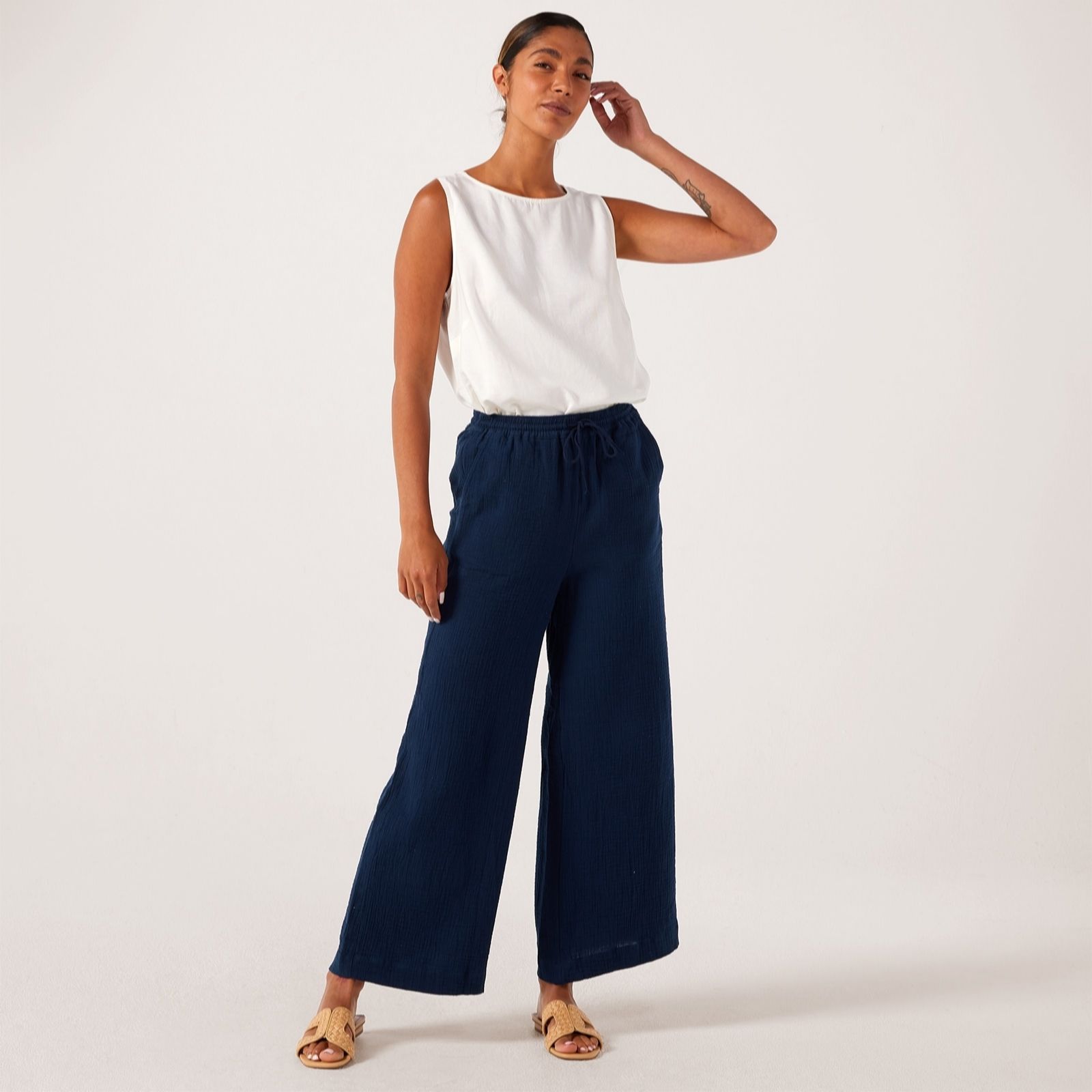 Denim & Co. Cheese Cloth Wide Leg Trouser Standard