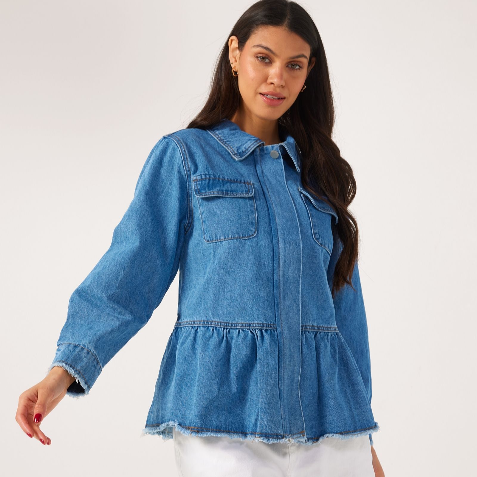 Malissa J Peplum Twill Denim Jacket With Pockets