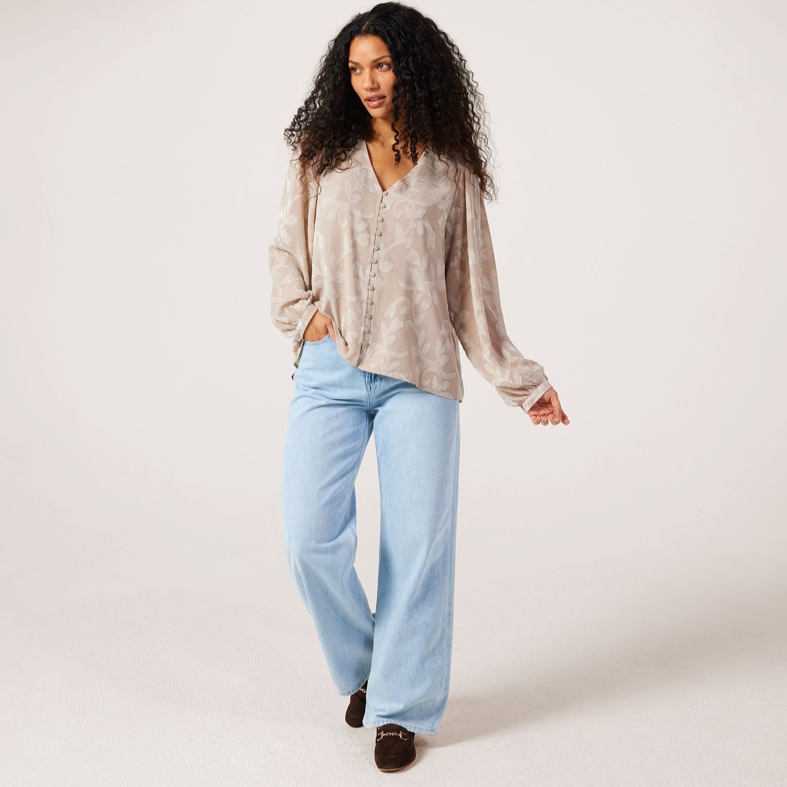 Apricot Jacquard Balloon Sleeve Blouse