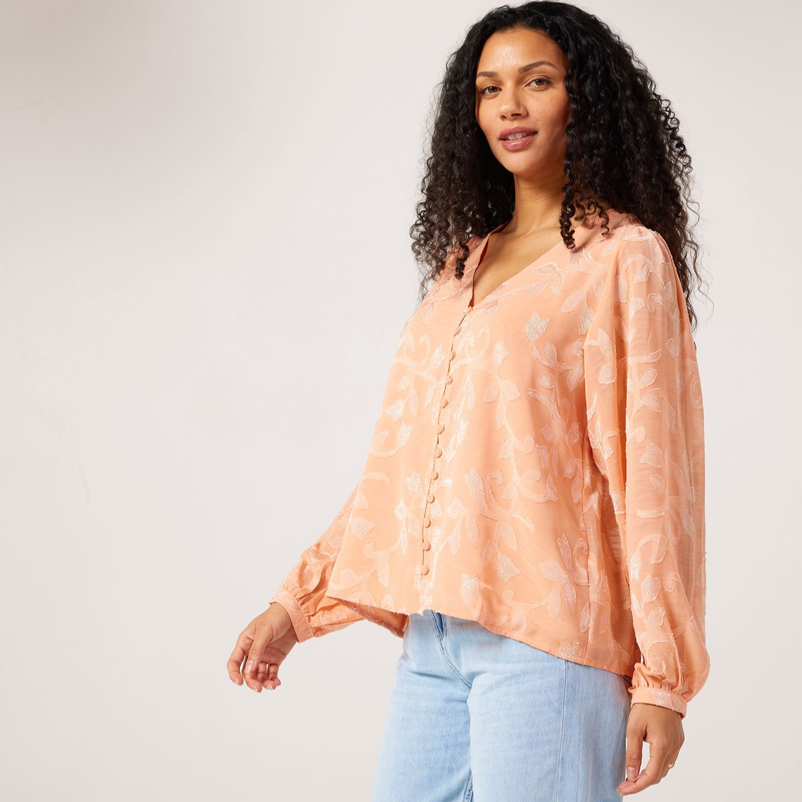 Apricot Jacquard Balloon Sleeve Blouse