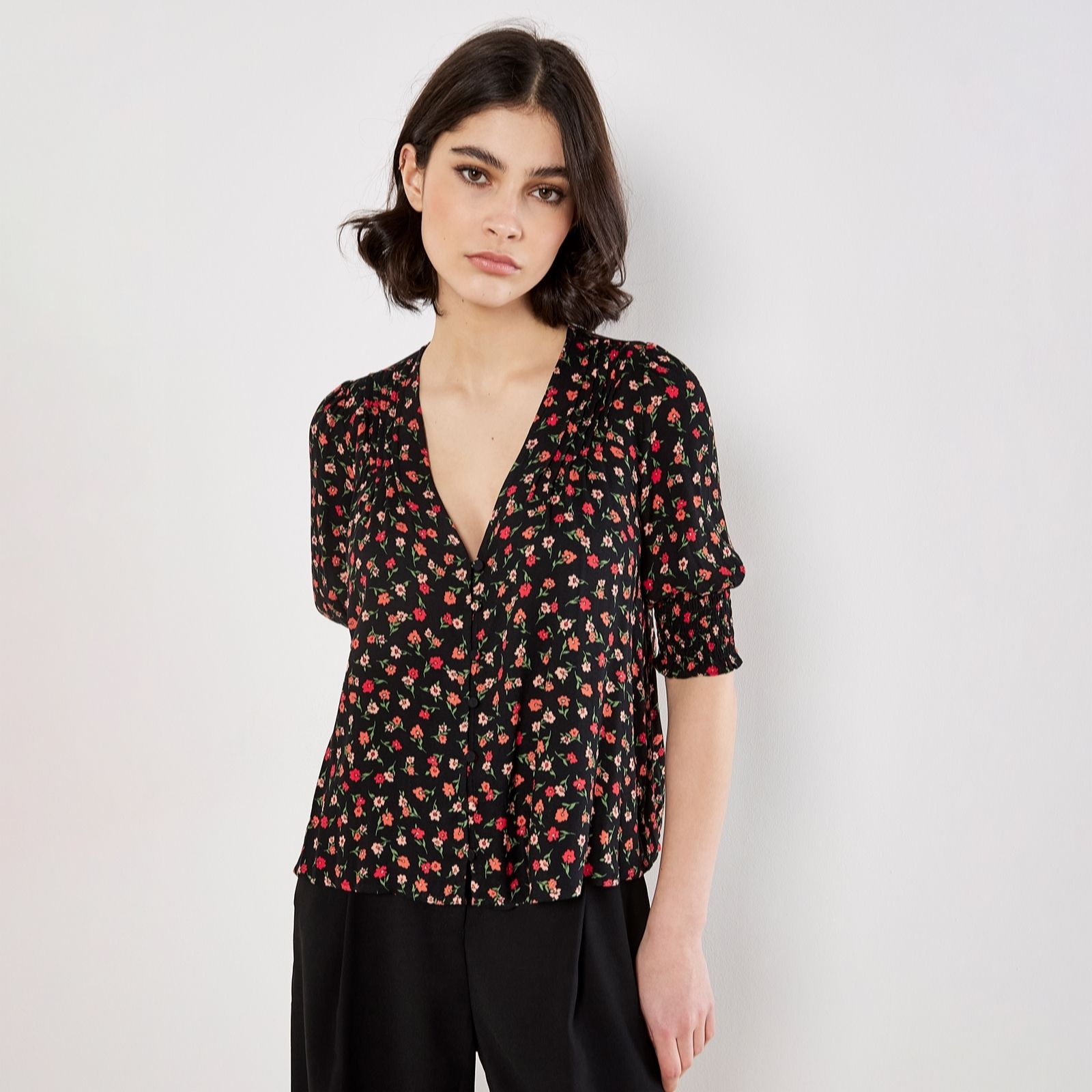 Apricot Scattered Ditsy Top with Smock Detail Sleeve