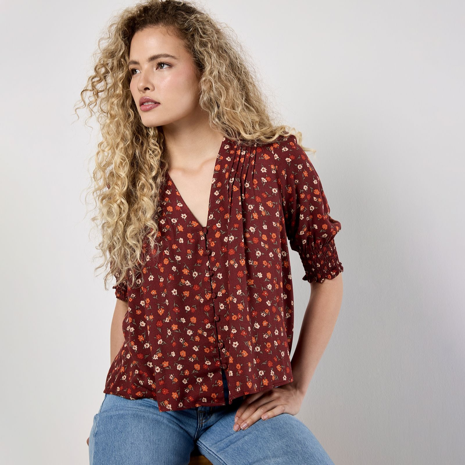 Apricot Scattered Ditsy Top with Smock Detail Sleeve
