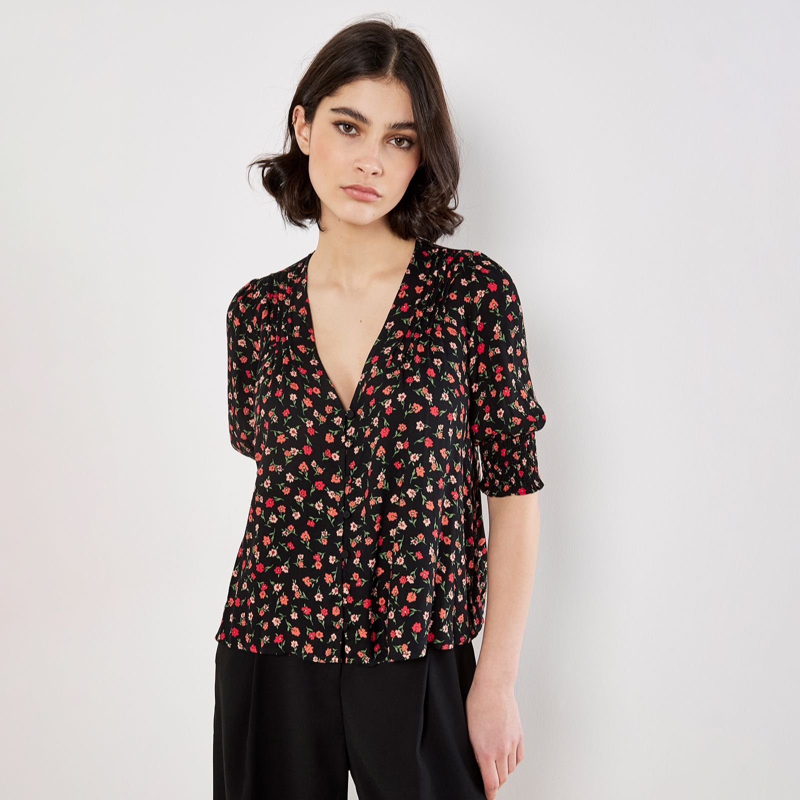 Apricot Scattered Ditsy Top with Smock Detail Sleeve