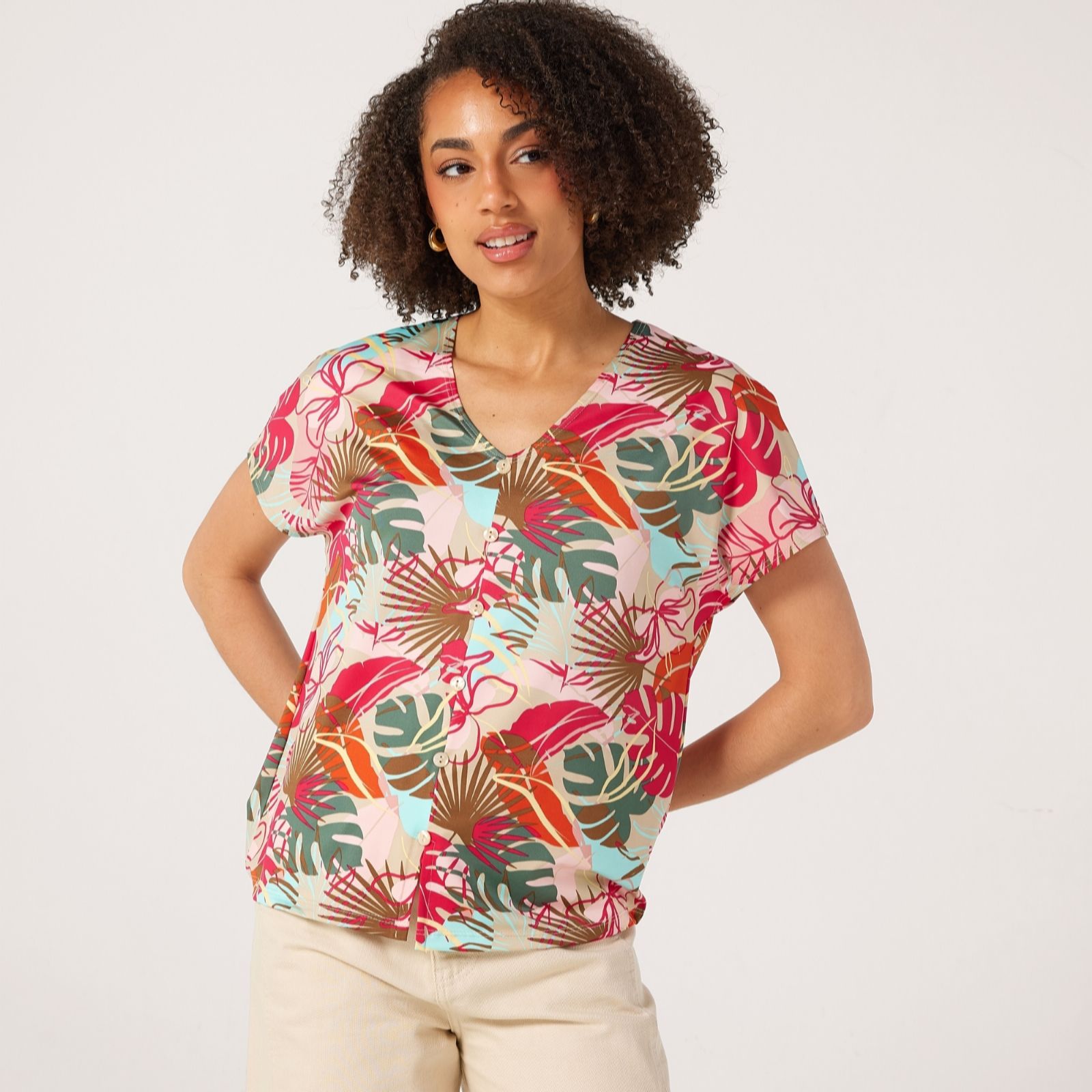 Kim & Co Printed Brazil Jersey Button Short Dolman Sleeve Top