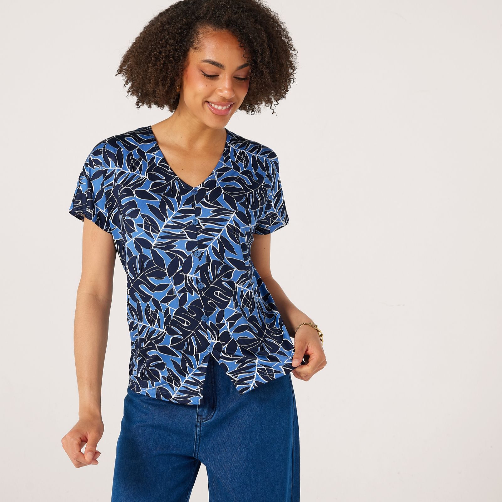 Kim & Co Printed Brazil Jersey Button Short Dolman Sleeve Top