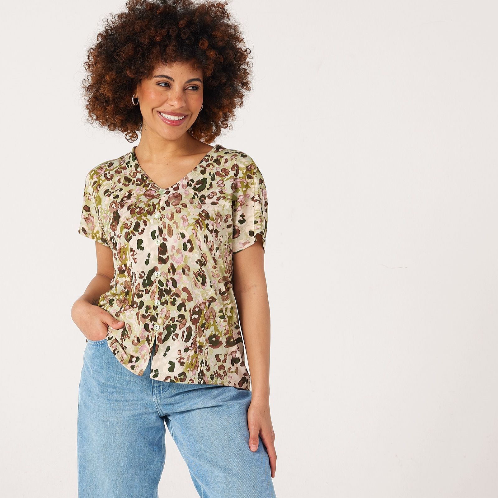 Kim & Co Printed Brazil Jersey Button Short Dolman Sleeve Top