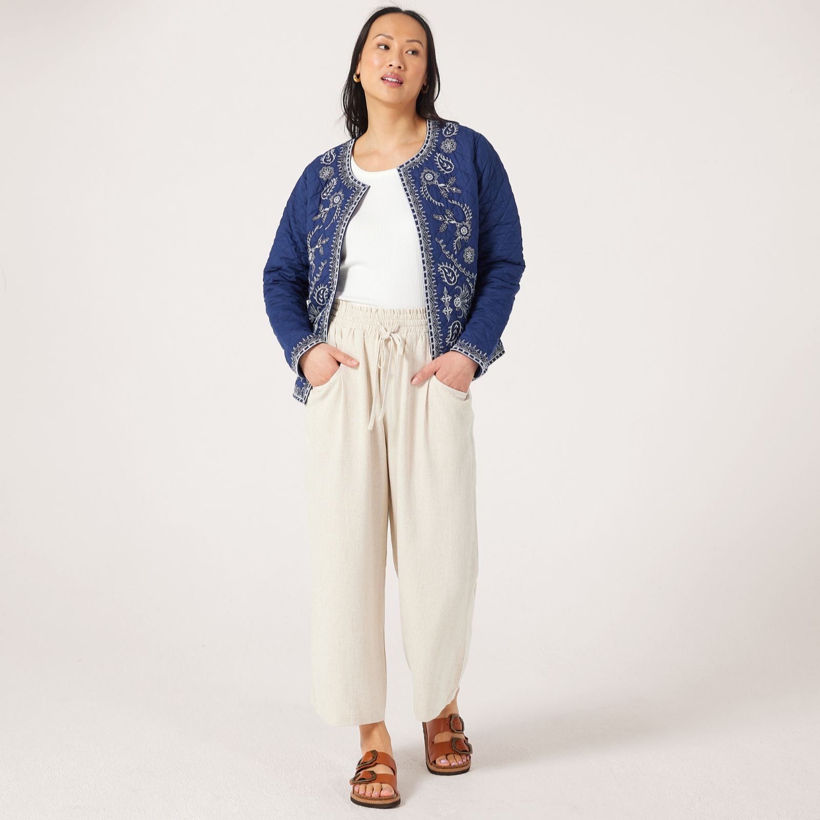 Izabel London Elasticated Waist Linen Blend Cropped Trouser Standard