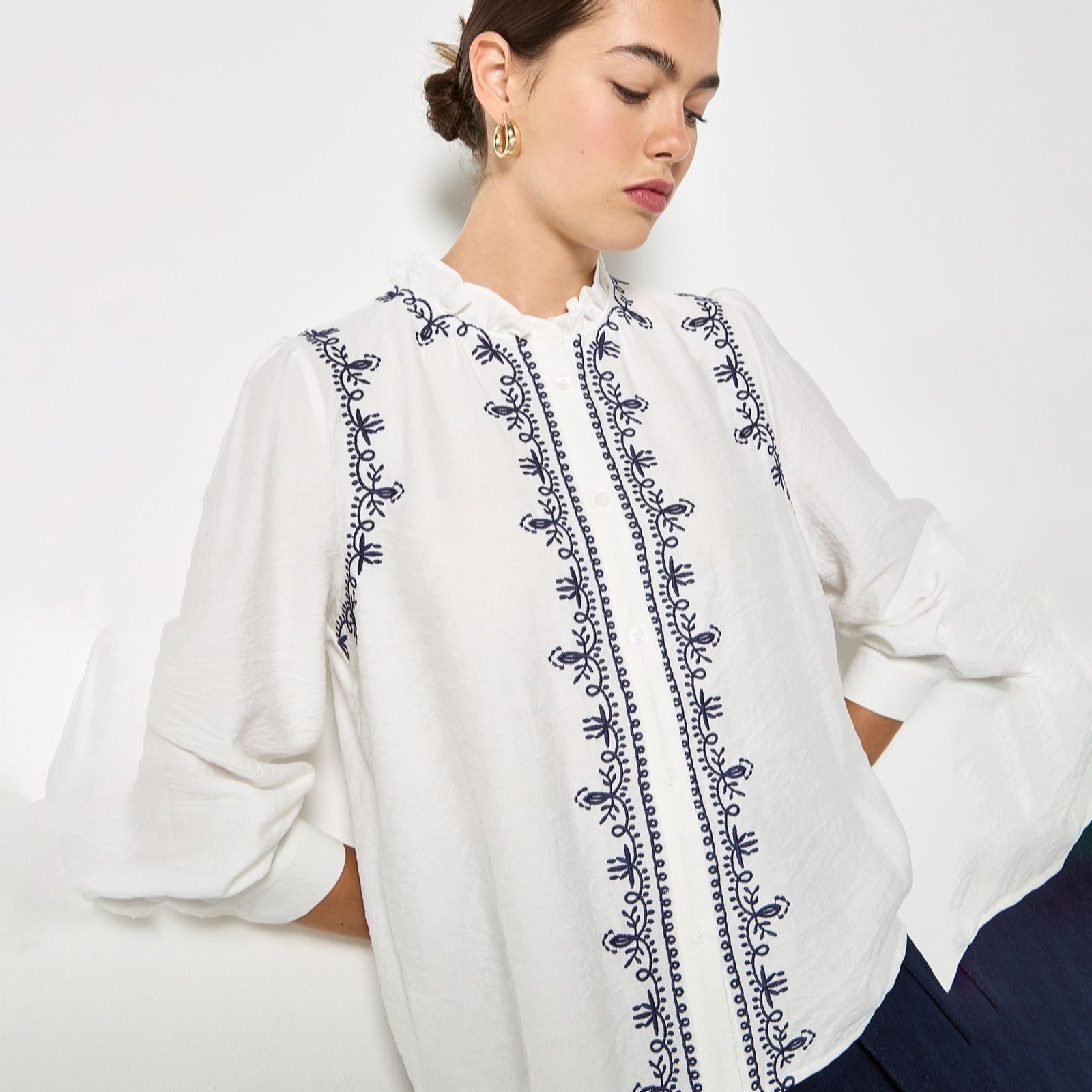 Apricot Ruffle Neck Embroidered Blouse