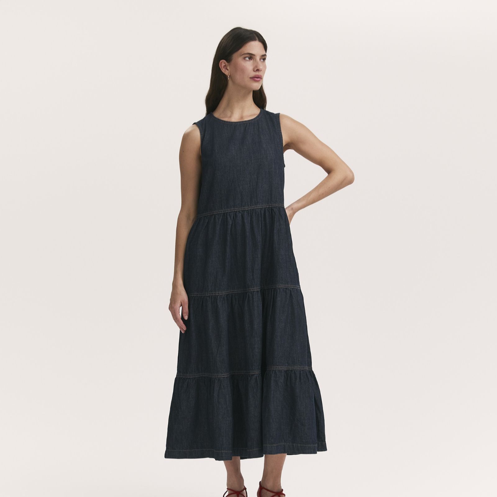 Finery London Essie Denim Tiered Midi Dress