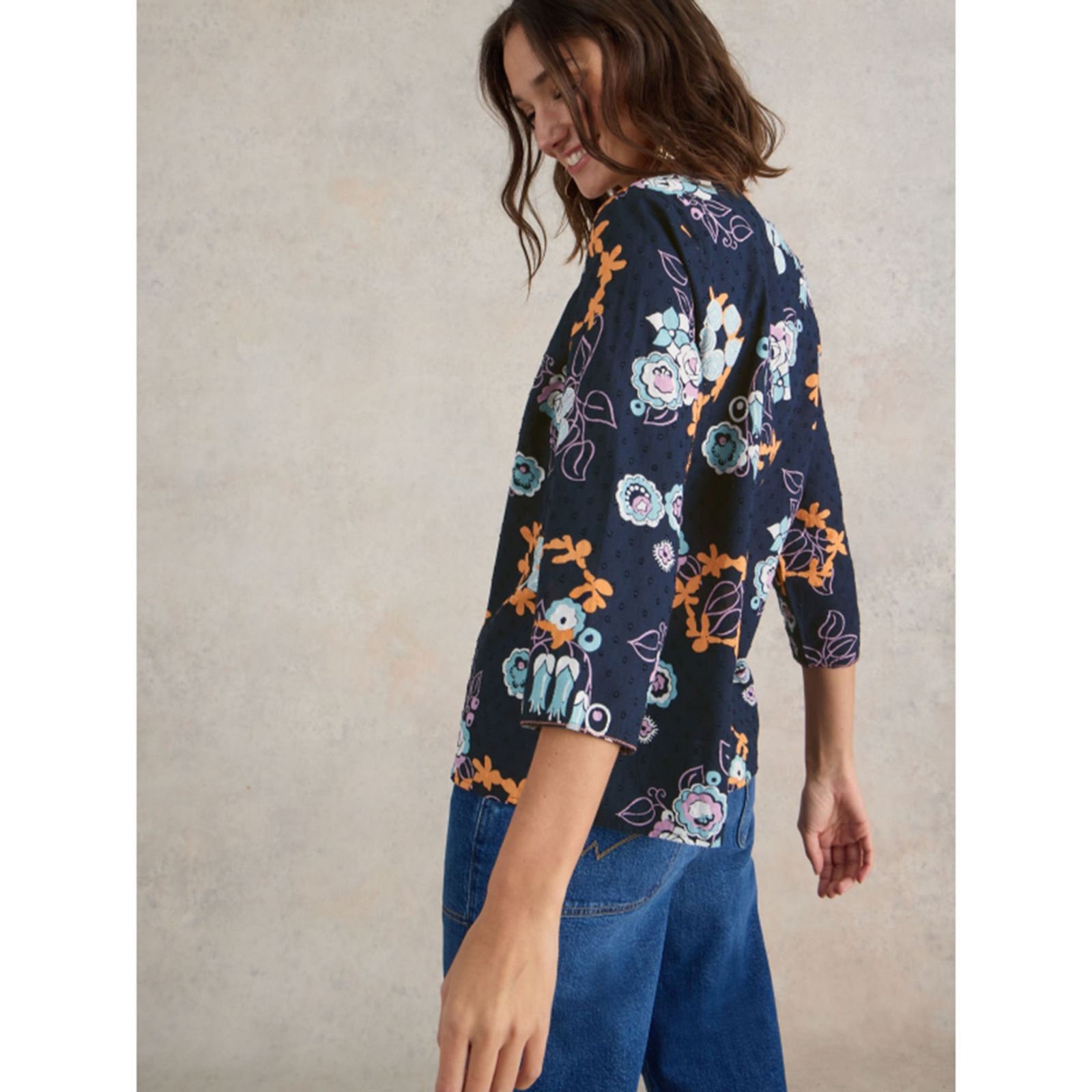 Haut 3/4 Manches White Stuff - Imprimé Diamant Navy - Taille UK 10 - Coton Confort