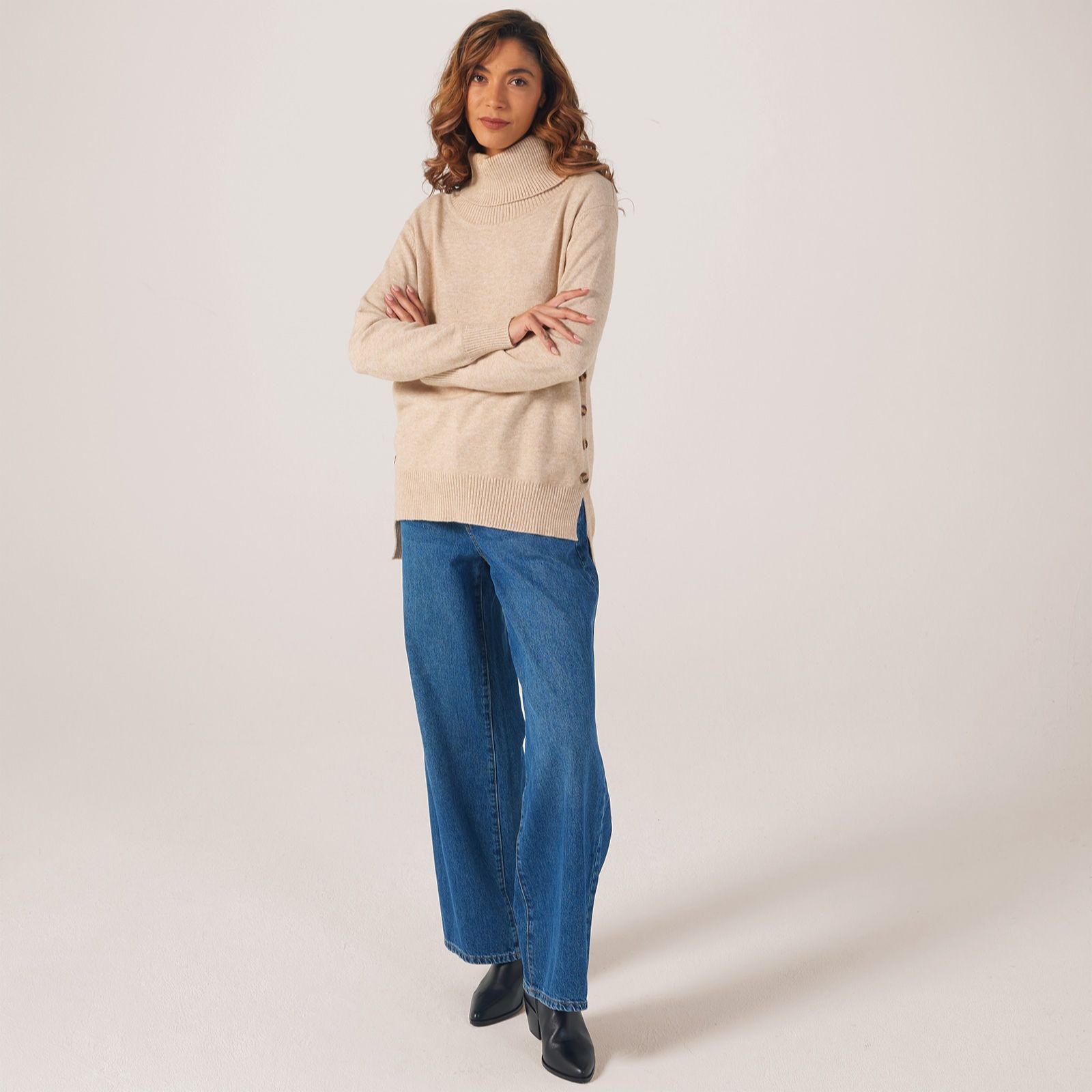 Izabel London Turtleneck Knit Jumper With Side Buttons - Qvc Uk