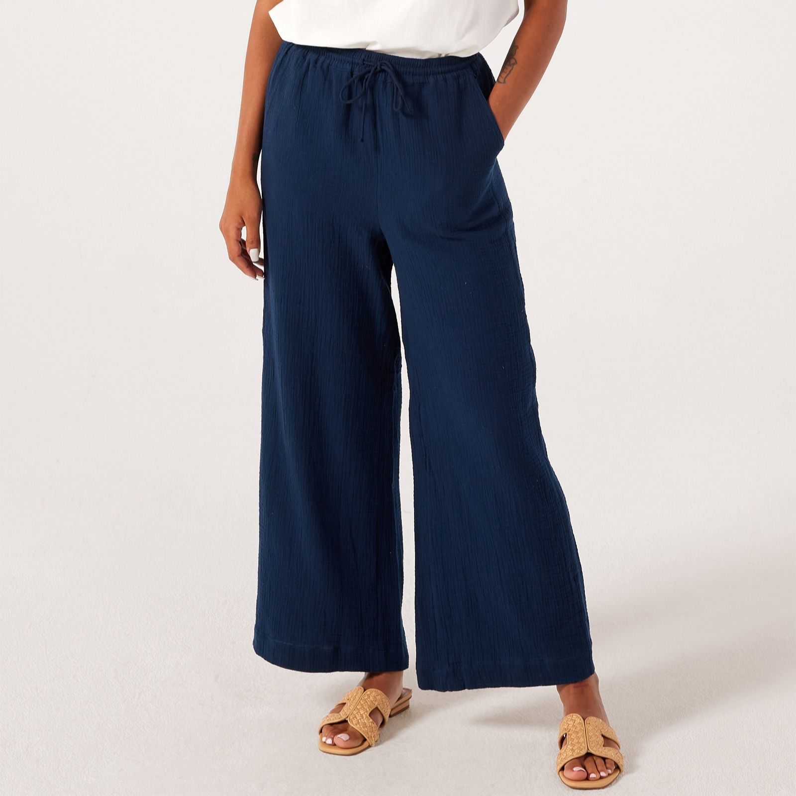 Denim & Co. Cheese Cloth Wide Leg Trouser Petite