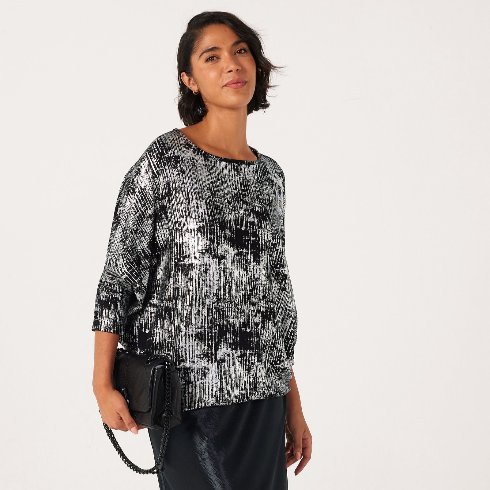 Nina Leonard Boat Neck 3/4 Dolman Sleeve Foil Print Tunic - QVC UK